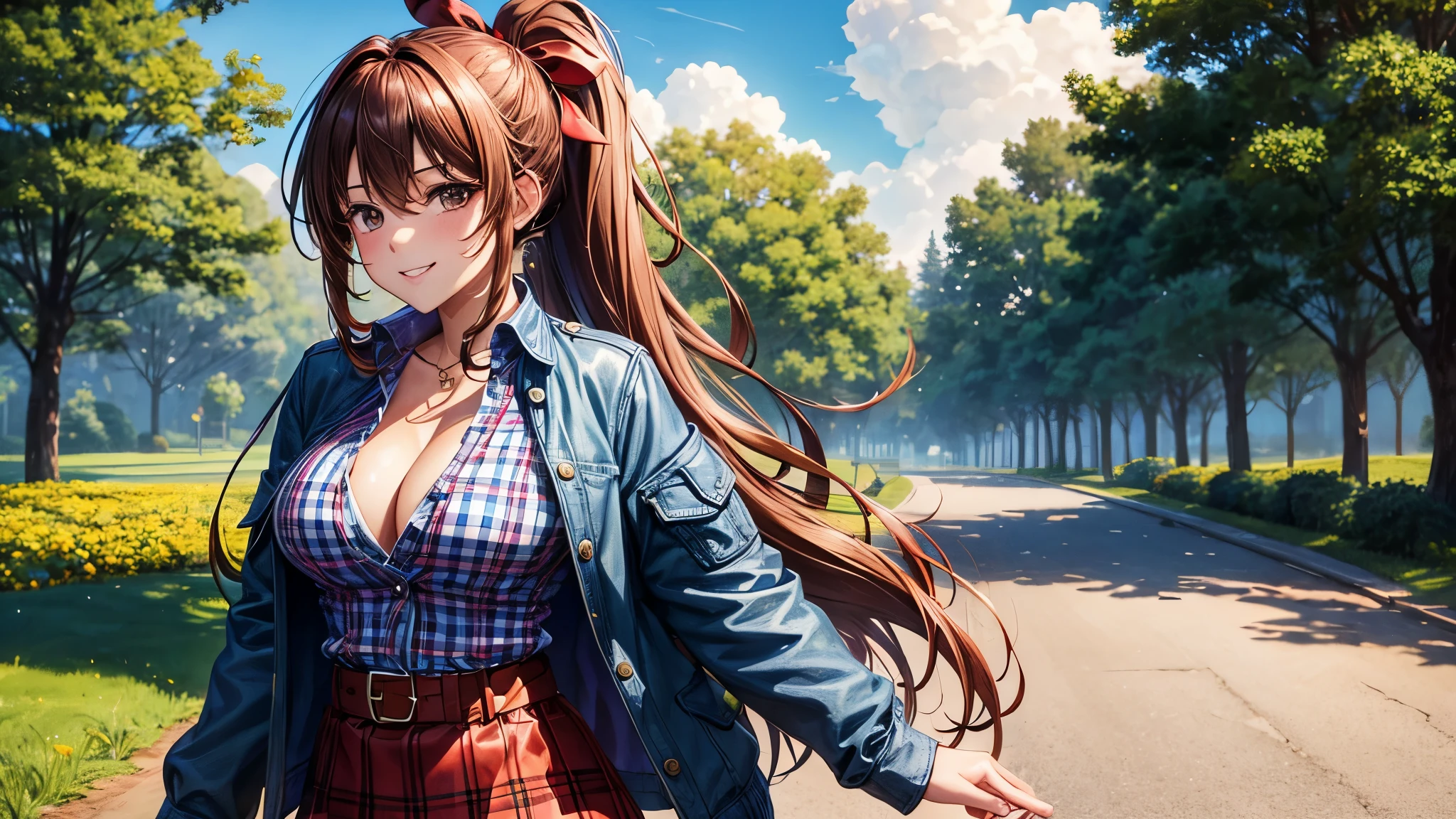 1girl, summer, village, trees, sun, clouds, ((colorful hair)), long hair, curly hair, ponytail, large breasts, button down shirt, ((blue checked shirt)), ((unbuttoned shirt)), cleavage 1:3, brown eyes, ((opened brown zipper jacket)), leather jacket, ((red black skirt)), smile, looking at the viewer, touching neck, standng, hair ribbon, golden necklate