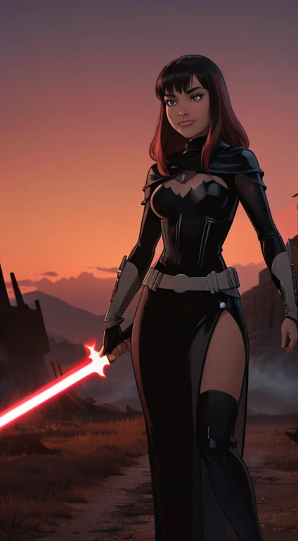 Beautiful female warrior stands with lightsaber in burnt field at night Turn、Look at me with a sexy smile Bright red sky, Big Moon Smooth black hair full body Esbian Looking at the camera