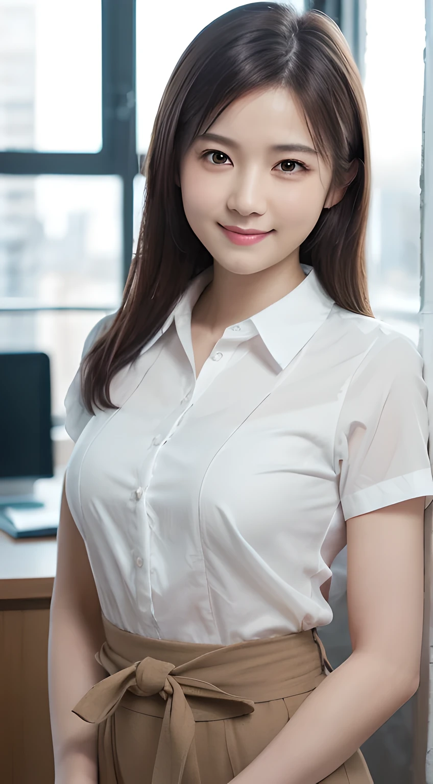 (Masterpiece, BestQuality:1.3), (ultra detailed 8k:1.2), (hyper realistic:1.35),(RAW photo:1.2),High detail RAW color photo, professional photograph, (Photorealistic:1.45), (realistic:1.4),
BREAK
1 beautiful girl, japanese Business woman,(Dynamic Pose: 1.2),(bewitching smile:1.3), (super beautiful woman:1.3), beautiful skin, detailed black eyes, detailed face, white shirt with collars, waist up, upper body,18 yo,office lady, BREAK at office floor, profesional lighting,PC desk