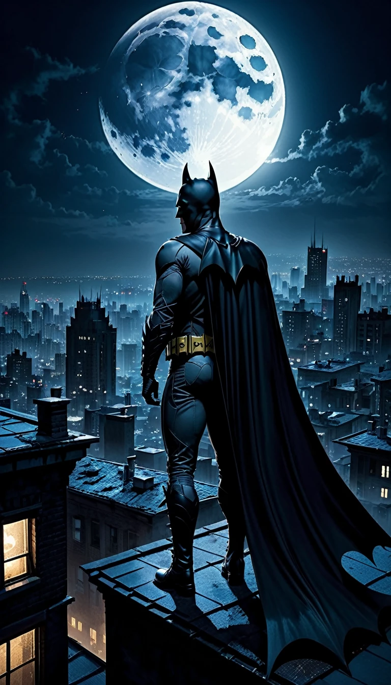 Realistic, horror, Dark fantasy, noir, Batman on rooftoop, watching on City below, night, fullmoon, raw photo, detailed