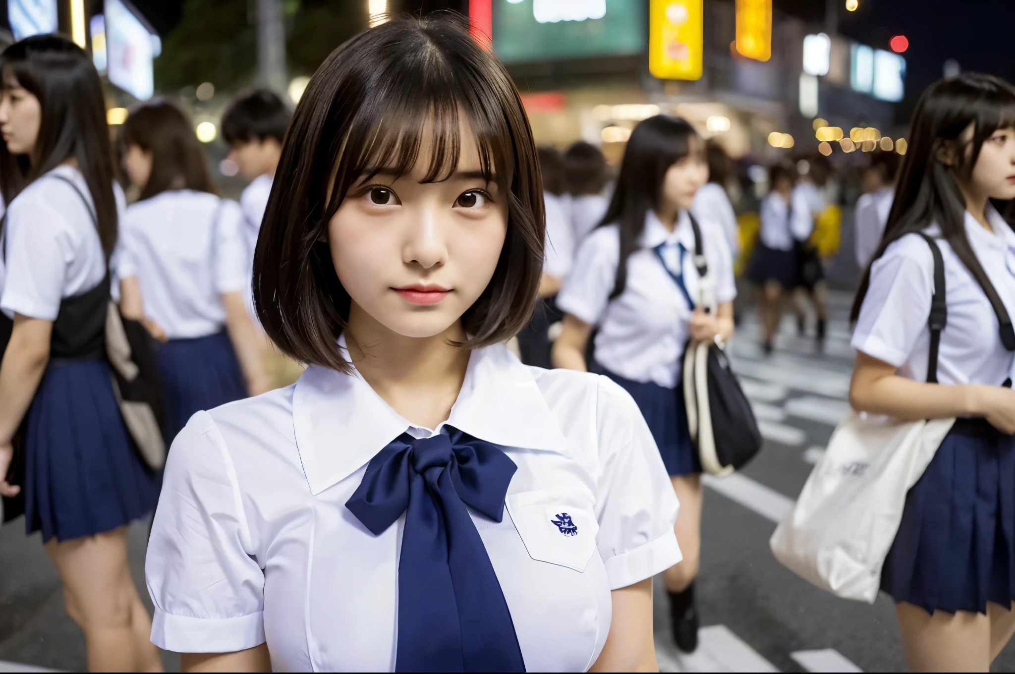(Uniform without sleeves:1.3) high school girl White cotton shirt Big Breasts Very detailed super high quality super high quality Surreal photograph 3 Japanese girls (Each girl has a different hairstyle randomly、different face:1.3) Fair skin ((Half-open lips:1.3)) beautiful and soft skin ((Beautifully styled straight short hair)) Beautiful and perfect body very cute A beautiful and transparent young man々new skin 16 years oldを着たhigh school girl) Big Breasts whole body everyday city Busy city ((night)) Audience'perspective Front view (Big Breasts:1.3) (Cleavage) (Amazingly cute girl:1.3) (whole bodyポートレート)