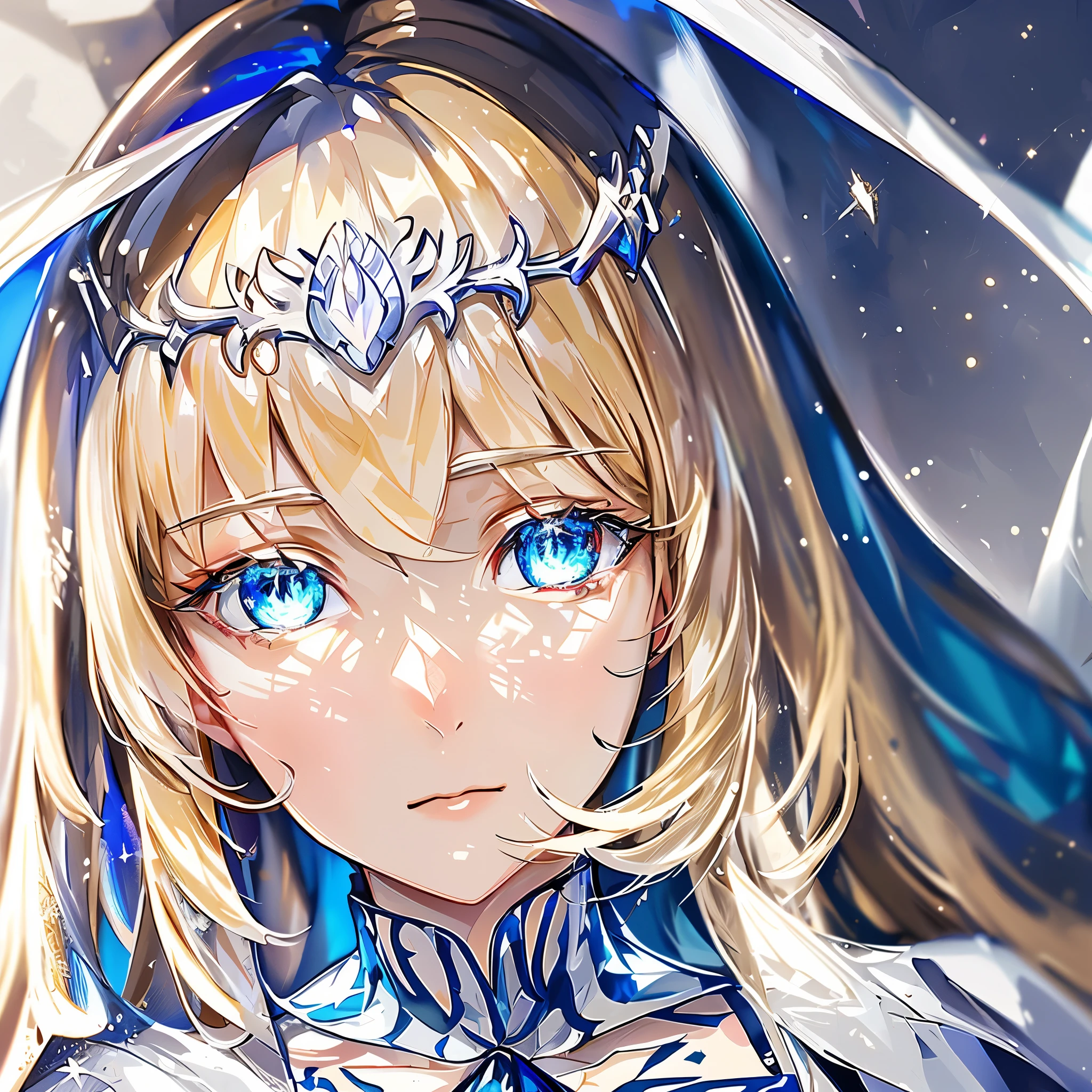 masterpiece, best quality, illustration, , (dynamic lighting:1.2), cinematic lighting, delicate facial features, detailed eyes, sharp pupils, realistic pupils, depth of field, bokeh, sharp focus, (hyper-detailed, bloom, glow:1.4), many small gems, 1girl,solo, Calca, Calca Bessarez, blonde hair, extremely long hair, very long hair, white tiara, silver tiara, white dress, blue eyes, medium chest