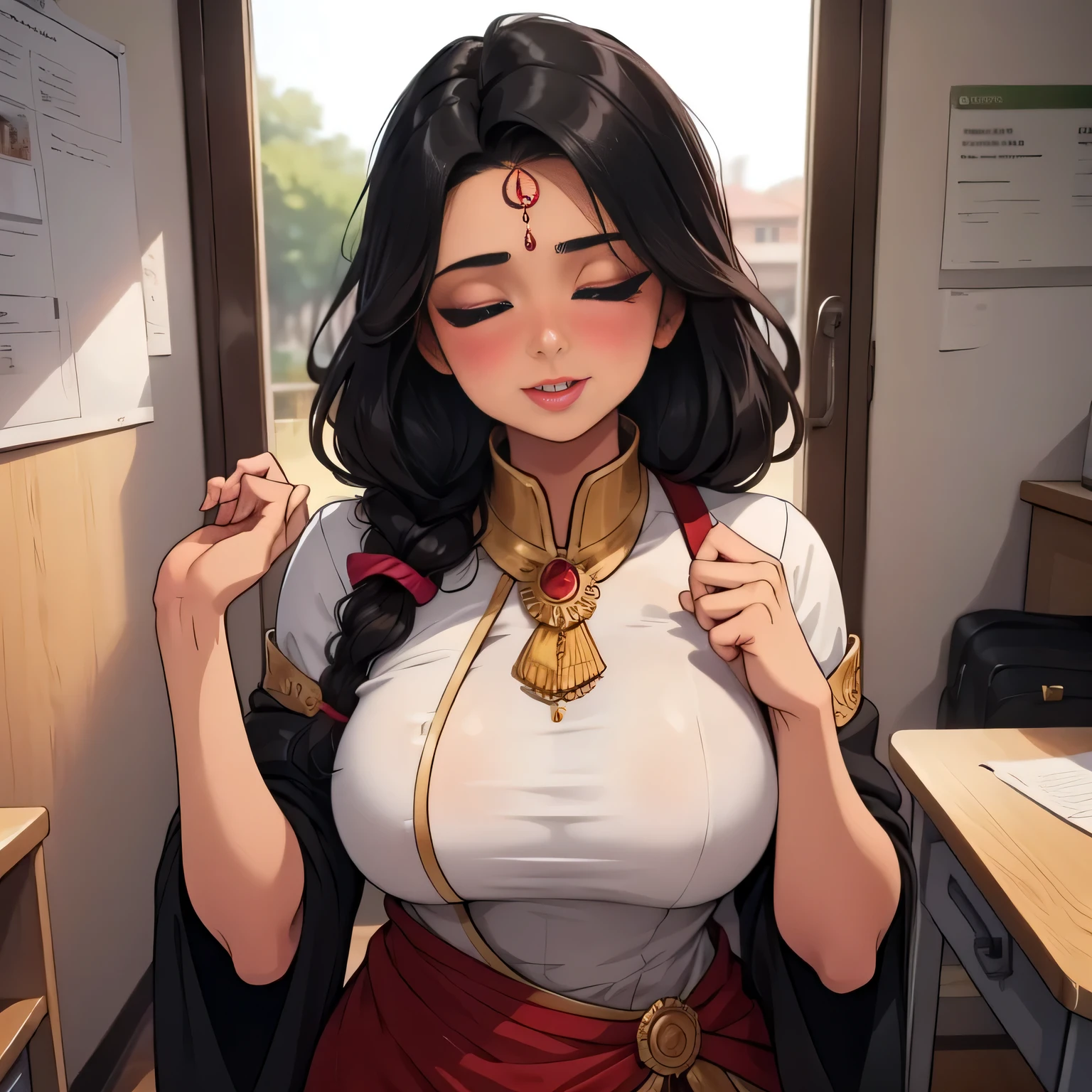 Sexy Indian teacher, traditional Indian clothes, empty classroom, amazing makeup, revealing clothes, lips parted smiling, deepest blush