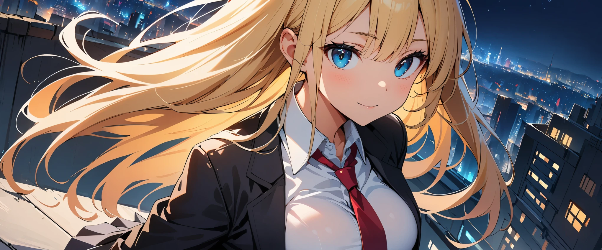 (high quality, 8k, 4K, High Contrast, masterpiece:1.2, 最high quality, Best aesthetics), (Dynamic Angle), Sexy school girl, Detailed face and body, Beautiful breasts, Confident expression, (Blonde, Long Straight Hair), Shiny hair fluttering in the wind, Black blazer, White shirt and red tie, mini skirt, Top view, Dynamic pose, ((Leaning out from the roof, Dutch Angle)), Reinforced concrete construction, Rooftop, with the cityscape as the backdrop, Correct perspective, Night Time, Night view,
