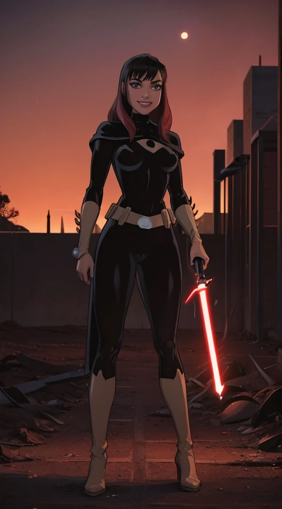 Beautiful female warrior stands with lightsaber in burnt field at night　Turn、Look at me with a sexy smile　　Bright red sky, Big Moon　Smooth black hair　full body Esbian　Looking at the camera, long lightsaber