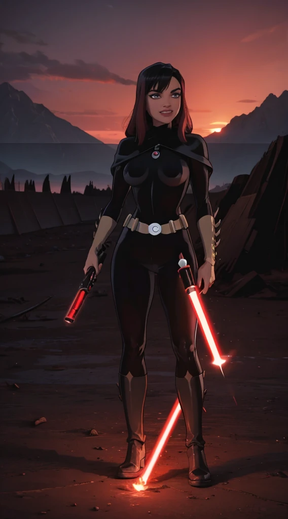 Beautiful female warrior stands with lightsaber in burnt field at night　Turn、Look at me with a sexy smile　　Bright red sky, Big Moon　Smooth black hair　full body Esbian　Looking at the camera, long lightsaber