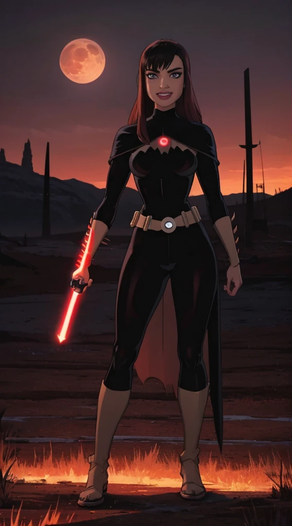 Beautiful female warrior stands with lightsaber in burnt field at night Turn、Look at me with a sexy smile Bright red sky, Big Moon Smooth black hair full body Esbian Looking at the camera, long lightsaber