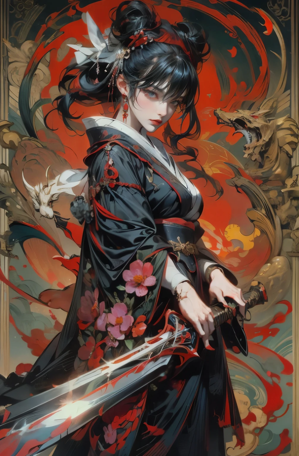 beautiful devil painting, Demon woman with a Japanese sword, Strong female warrior, Swordsman, female bodyguard, Combat pose, Beautiful black haired demon, Beautiful red kimono, Oiran, The highest ranking prostitute, Ghost Girl, Female Yakuza, swordsman, Inspired by Chen Yifei, Works that influenced Francesco Hayes, Inspired by Hendrik Terbruggen, Jean=Works that influenced Auguste Dominique Ingres, Inspired by Liu Jun, Jean=Works that influenced Auguste Dominique Ingres, highest quality, The perfect angle, Perfect composition, Best Shot, Official Art, Cinematic Light, Figurative art, Beautiful and expressive paintings, Beautiful artwork illustration, wonderful, Cool Beauty, clear, Mysterious, highest quality, Official Art, Perfect composition,The perfect angle, Best Shot, Female Solo, Sharp contours, pretty much beautiful face, Five fingered hand, demon of kyoto, Demon King, A cold and ruthless devil woman, demon queen, Female Yakuza, Full Body Tattoo, wide, Rashomon, close