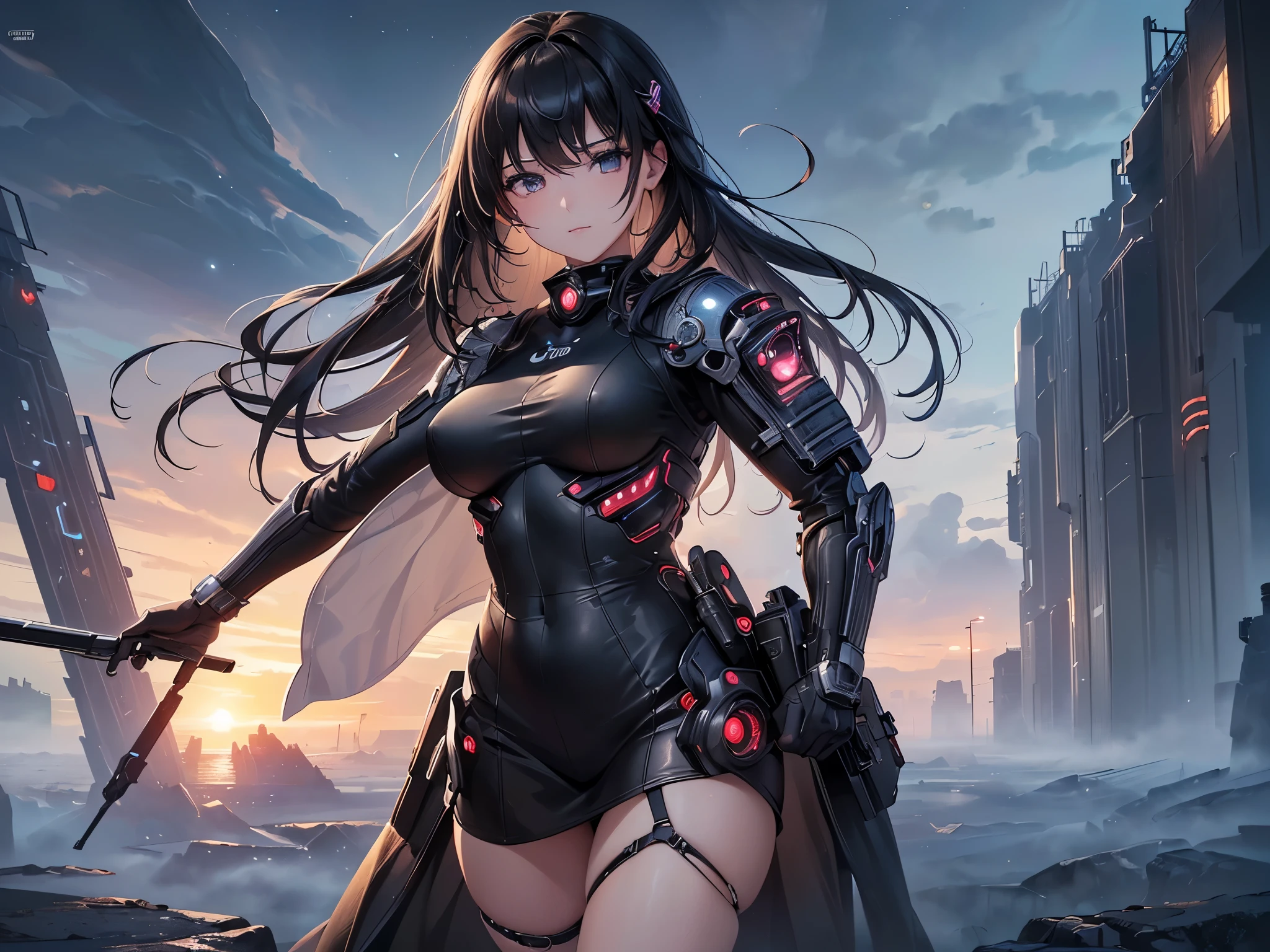 (8k), (hyper detailed), (ultra quality), (masterpiece), (anime), (detailed machine), (beautiful girl), (beautiful background), (beautiful body), petite, small breast, slim legs, silky black hair, extra long hair, voluminous hair, detailed beautiful purple eyes,cape,  (mechanical armored),  weapons