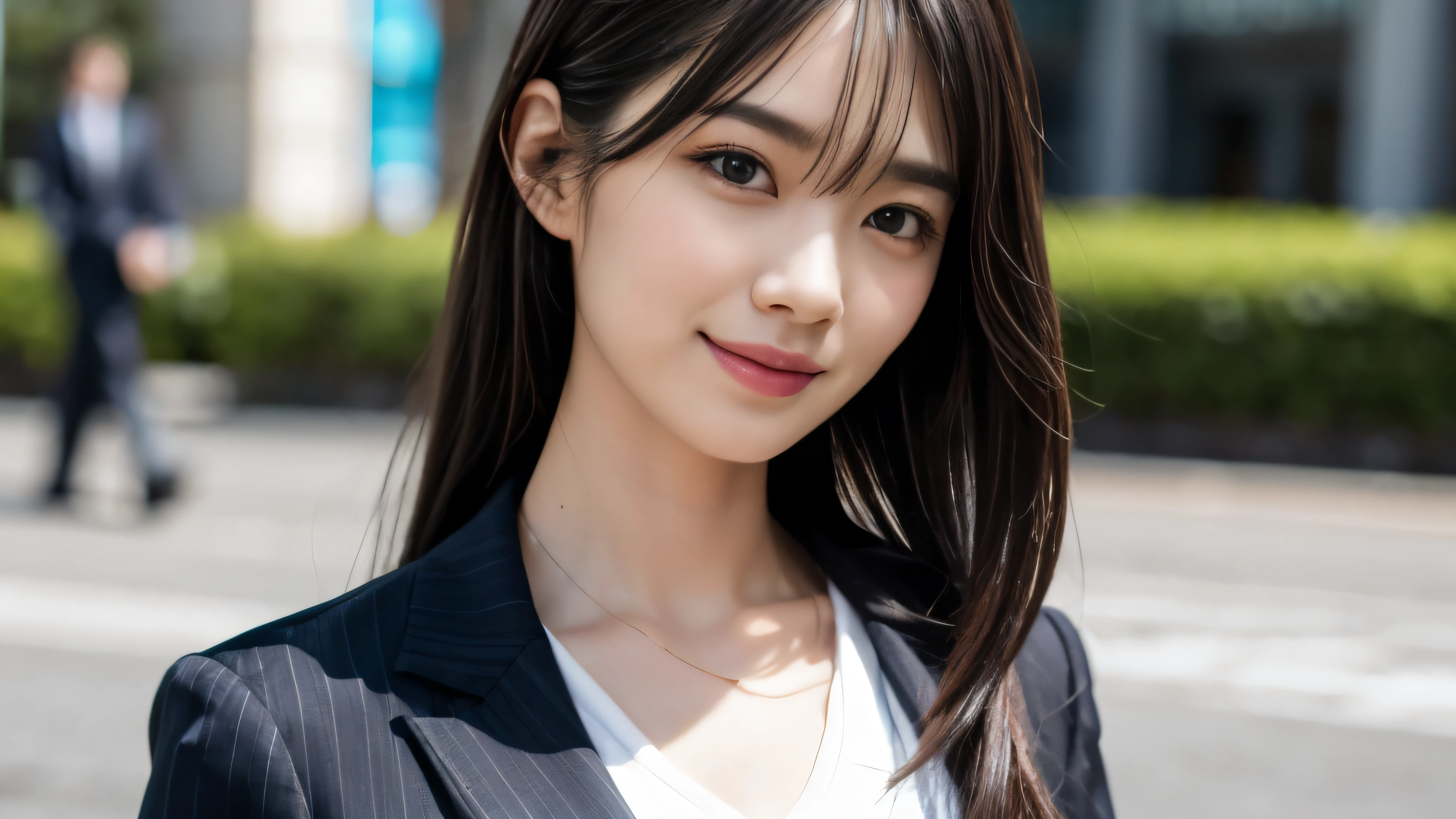 (Realistic: 1.4), (highest quality: 1.4), (Fine grain), Full body shot, ((Blur the background)), ((Watching the audience)), ((One adult woman)), Black Hair, ((Navy blue suit)), Wide eyes, Blushed face, ((smile)), ((walking in shibuya)), Highly detailed face and skin texture, Healthy Skin, 8k resolution
