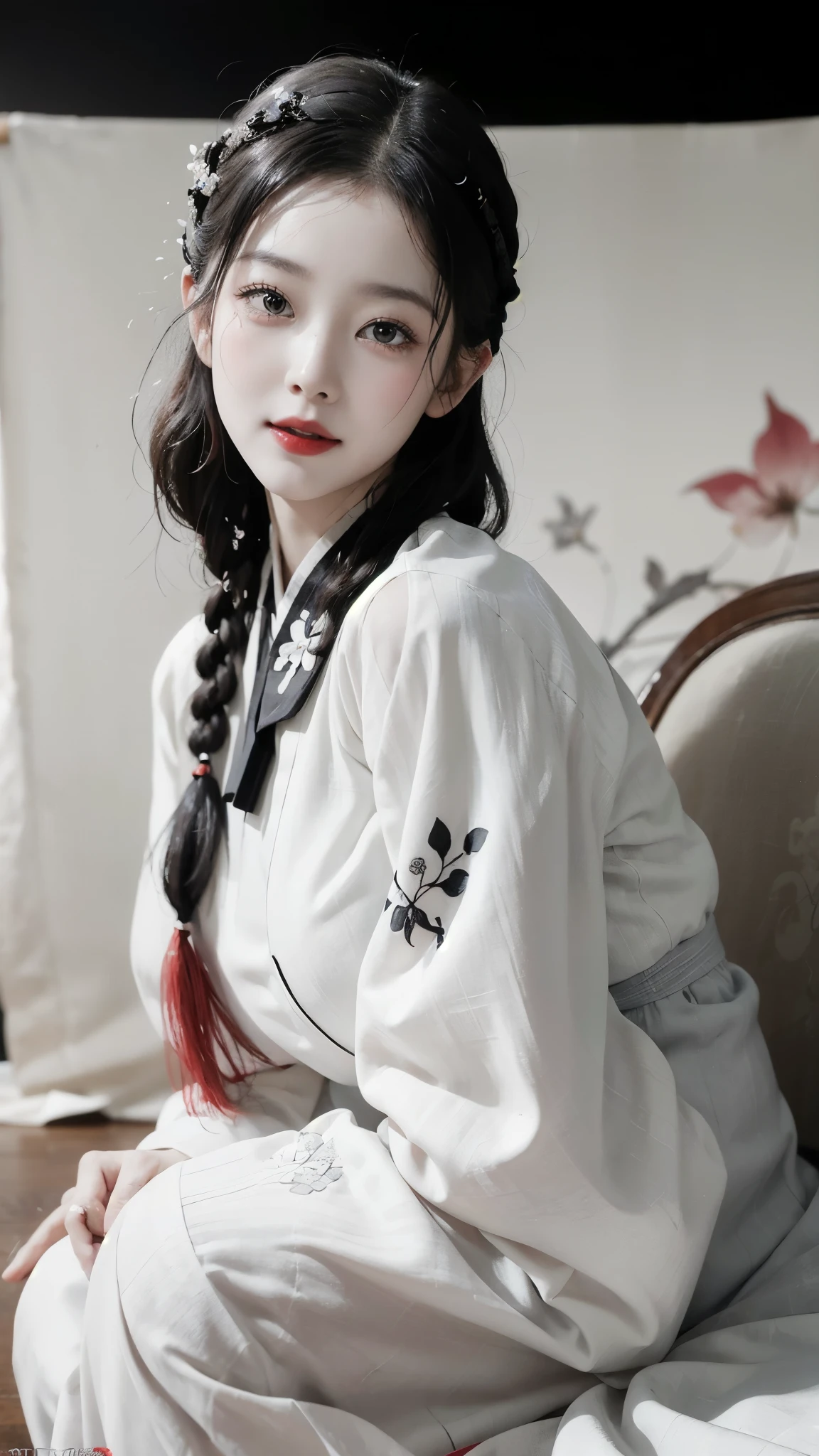 (best quality, 8K, masterpiece: 1.3), ((((((Incredibly huge breasts: 0.8))))), hairpin, (beautiful face:1.3), plum blossom ink painting background,authentic hanbok, 1920s photo studio, (Feels like a faded photo: 1.4), old photos, smile, (black and white photography: 1.5), 1920s Hanbok style and hairstyle, retro style, red highlight, red jeogori, red lips