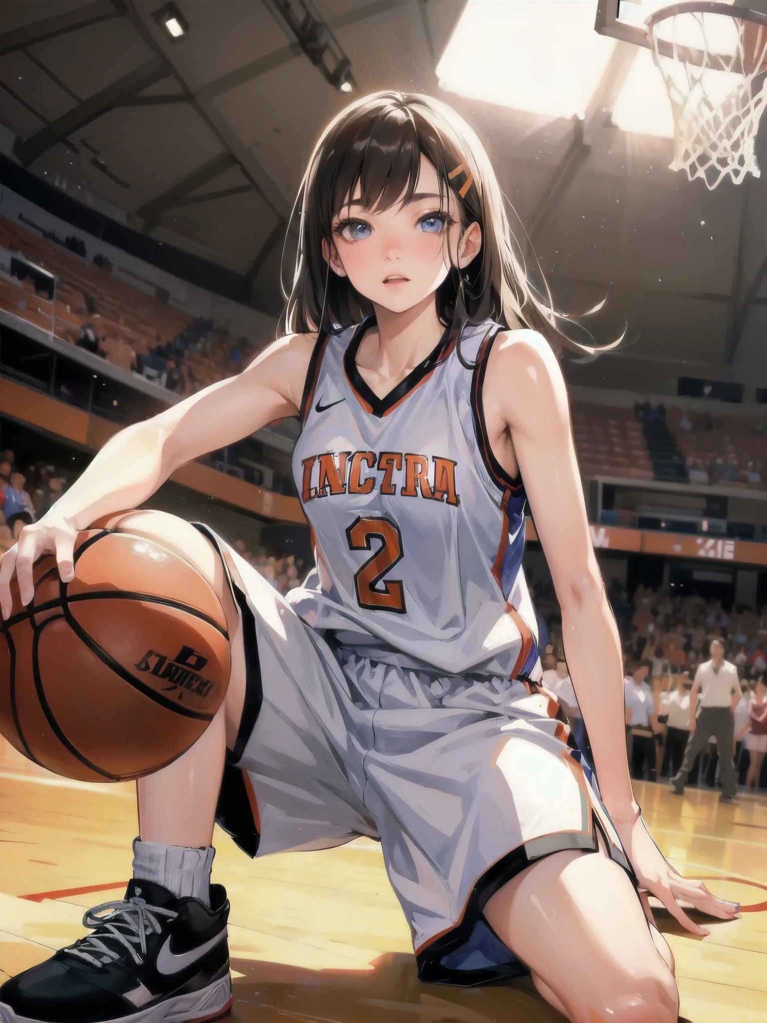 high quality,HD,16k,sharp lines,1 girl,Female basketball athlete ,cute face, large breasts, nice legs,At the basketball venue,focus girl,detailed beautiful face,detailed clothes,beautiful eyes,cool,dynamic angle