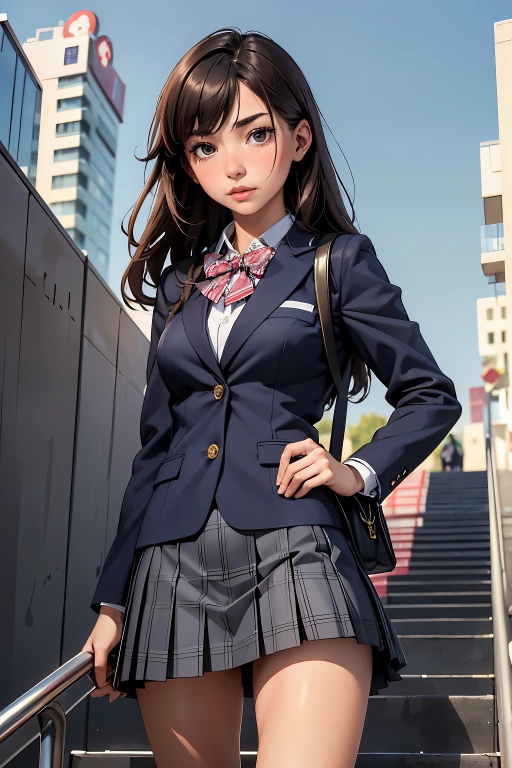 ((highest quality)), ((masterpiece)), (be familiar with), High school girl riding an escalator on her way home from club activities、brown hair、Navy blazer、Grey plaid skirt、navy blue socks、School bag、Back view、covert photography、Holding the skirt with your hands、(View from directly below)、navy blue socksのクローズアップ、mangaコマ割り、Manga style、manga、Station escalator、(crotch peek:1.3)