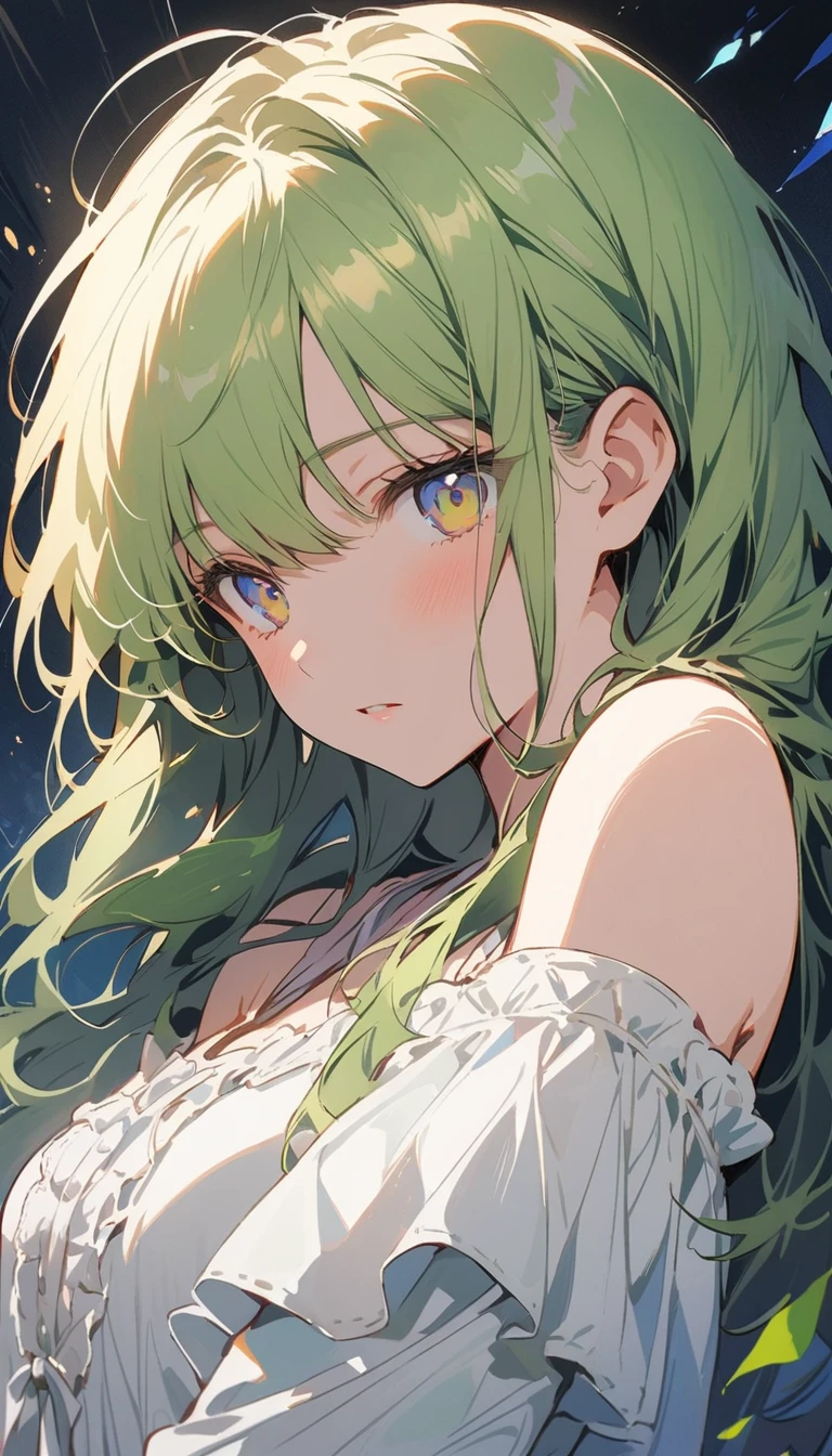 One woman, Ultra-high resolution, 超detailed, Highest quality, 8k,((Highest quality)), ((masterpiece)), (detailed),Face direction(front),Hair Color(Bright white,Fine hair quality, short),background(green空,morning), eye(green, パッチリとしたeye元), clothing(negligee),expression(Exquisite features depicting a perfect face),Body Type(model,Naturally beautiful),Perfect hands,The perfect woman, Dramatic Shadows,Cute pose,Anime characters, Code Geass
