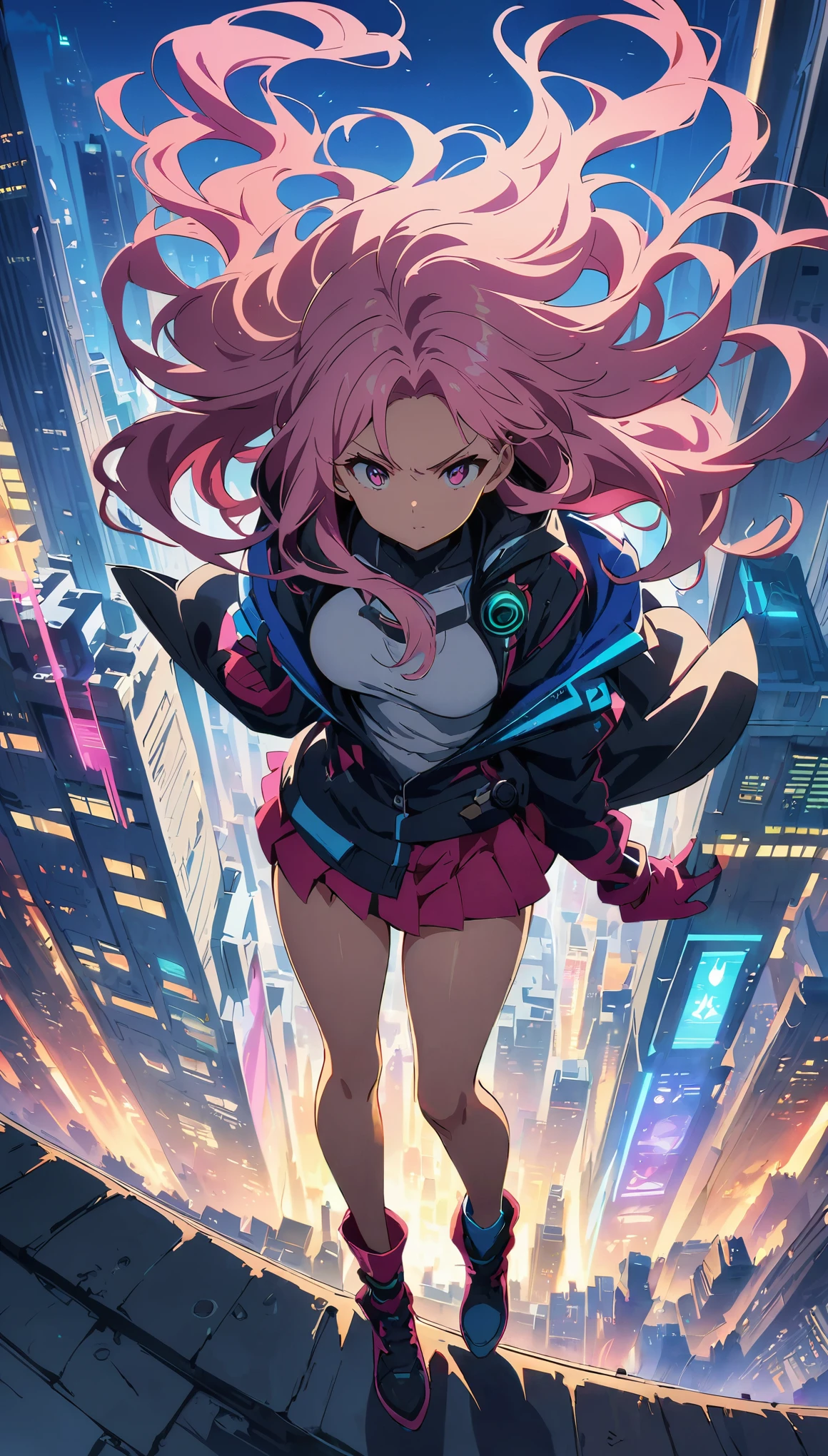 (masterpiece, highest quality:1.2), (Anime artwork, Anime Style, Studio Anime, Very detailed, up to date, Vibrant, Anime Coloring, High Contrast, masterpiece:1.2, Best Quality, Best aesthetics), ((View from the roof of the building:1.2, A woman stands on the rooftop, overlook, A view that will make your legs tremble)), Cyber City, cyber punk, ((デジタルcyber punk - アニメアート)), long flowing hair, Eyes of Determination, Powerful strokes, Excited state, Detailed Weapons, strength, Impact, energy, Cool action scenes,