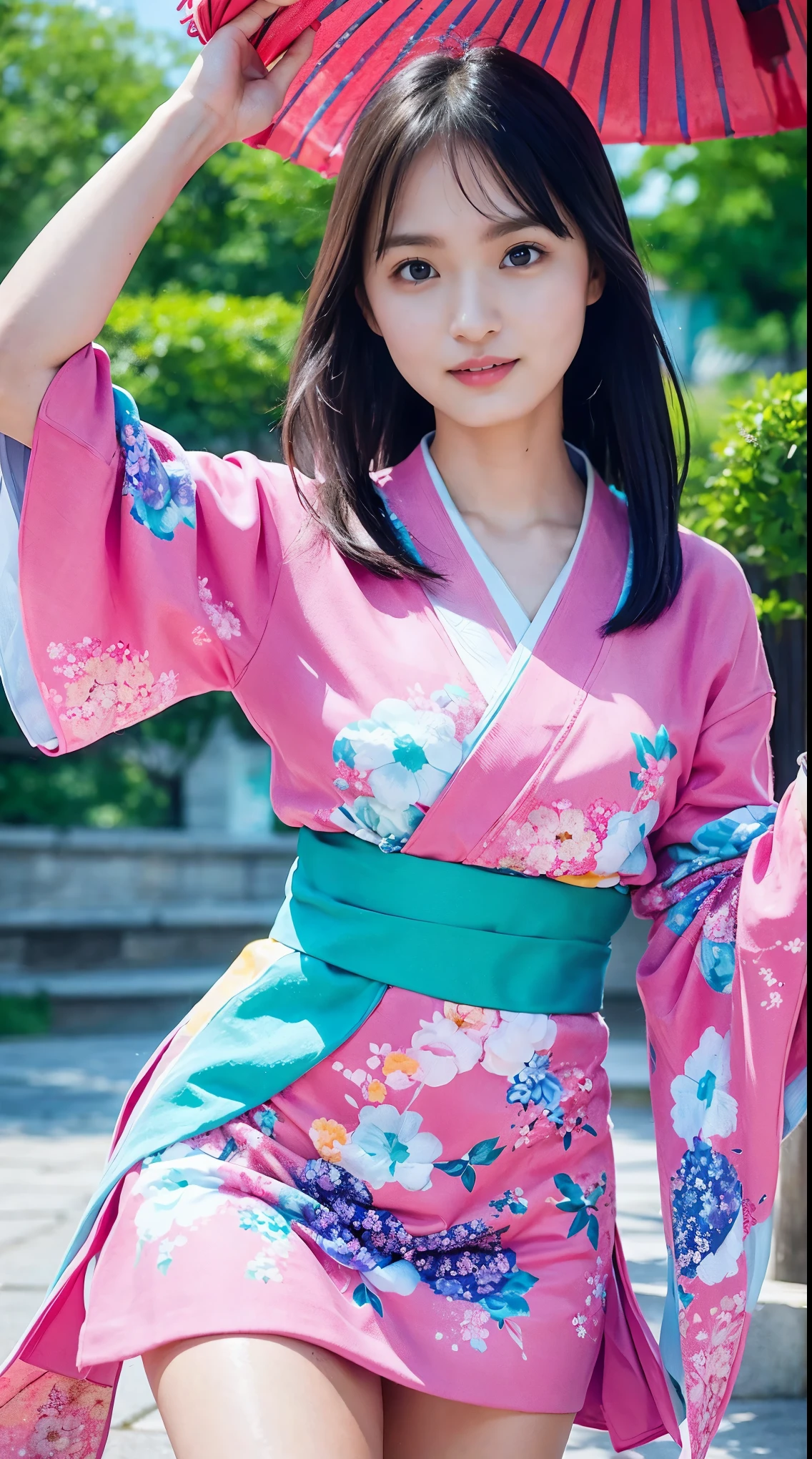 (With hair fluttering in the wind, Long eyelashes, The hem of a short skirt is dancing, Wear a kimono dyed with traditional Japanese patterns, Vibrant Background, A garden full of flowers, Soft sunlight, Clear blue sky), Create illustrations with textures that are easy to draw, realistic skin depiction, Vibrant colors, Fine shading like in the photo, Artistic portrait style, Bright and soft lighting.