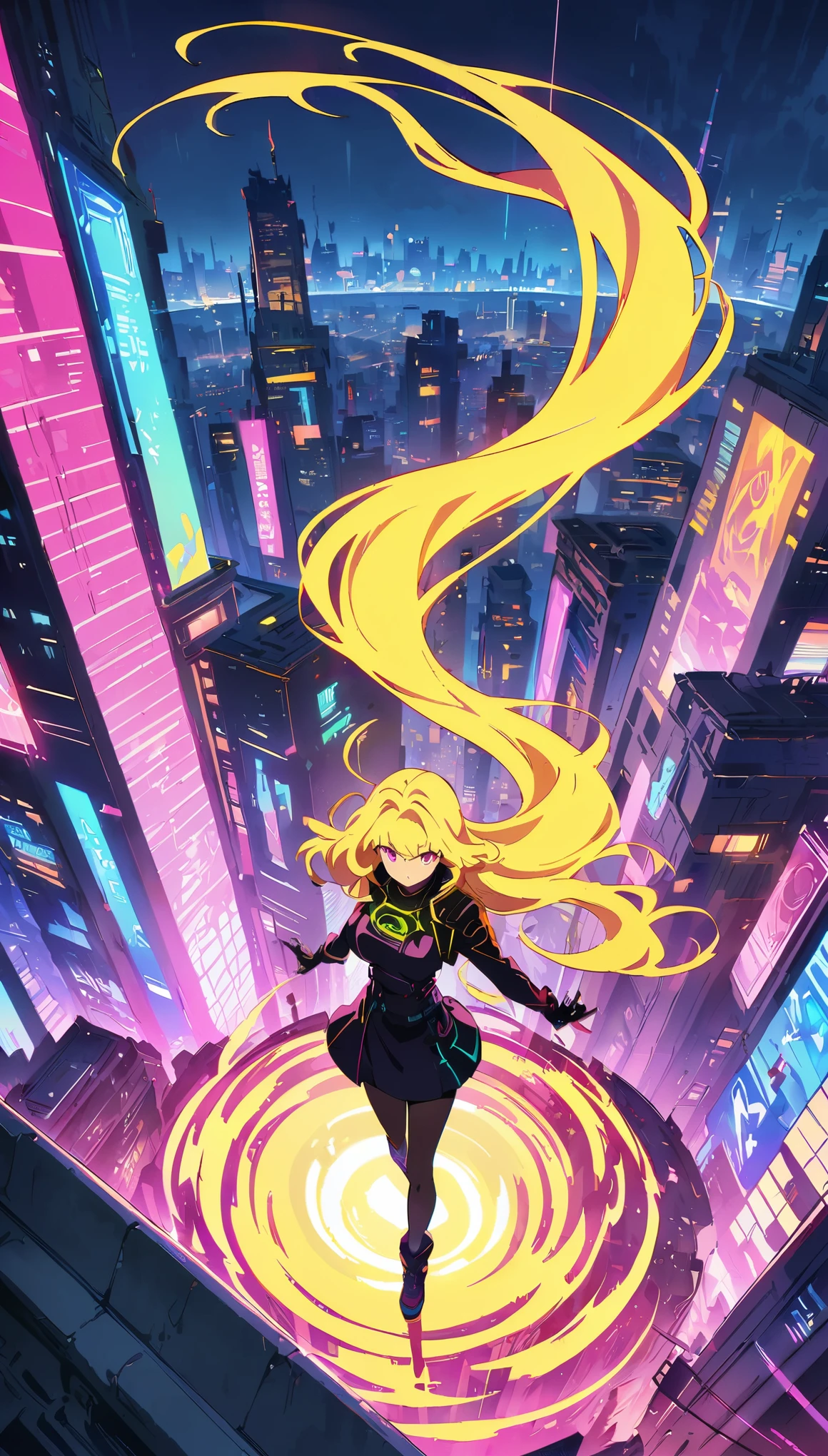 (masterpiece, highest quality:1.2), (Anime artwork, Anime Style, Studio Anime, Very detailed, up to date, Vibrant, Anime Coloring, High Contrast, masterpiece:1.2, Best Quality, Best aesthetics), ((View from the roof of the building:1.2, A woman stands on the rooftop, overlook, A view that will make your legs tremble)), Cyber City, cyber punk, ((デジタルcyber punk - アニメアート)), long flowing hair, Eyes of Determination, Powerful strokes, Excited state, Detailed Weapons, strength, Impact, energy, Cool action scenes,