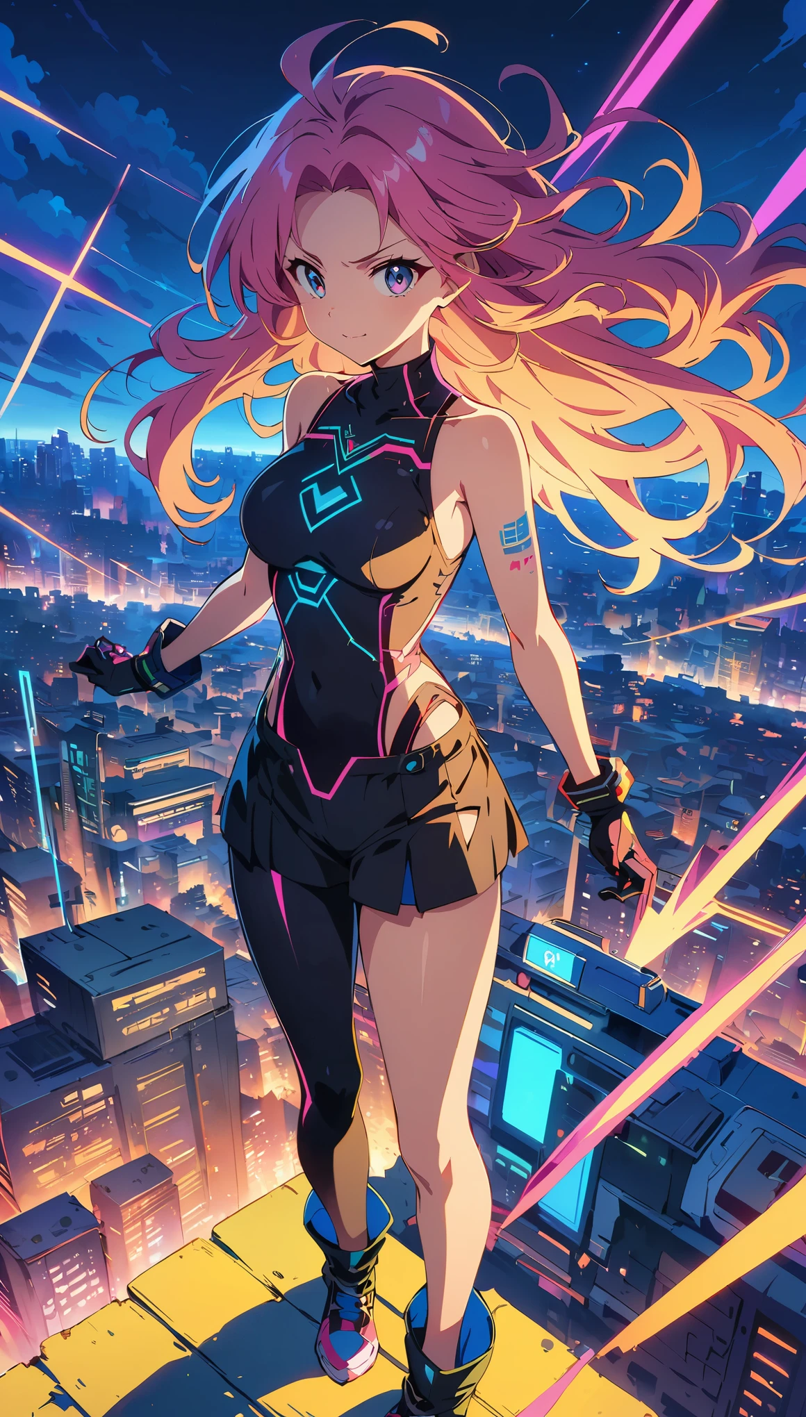 (masterpiece, highest quality:1.2), (Anime artwork, Anime Style, Studio Anime, Very detailed, up to date, Vibrant, Anime Coloring, High Contrast, masterpiece:1.2, Best Quality, Best aesthetics), ((View from the roof of the building:1.2, A woman stands on the rooftop, overlook, A view that will make your legs tremble)), Cyber City, cyber punk, ((デジタルcyber punk - アニメアート)), long flowing hair, Eyes of Determination, Powerful strokes, Excited state, Detailed Weapons, strength, Impact, energy, Cool action scenes,