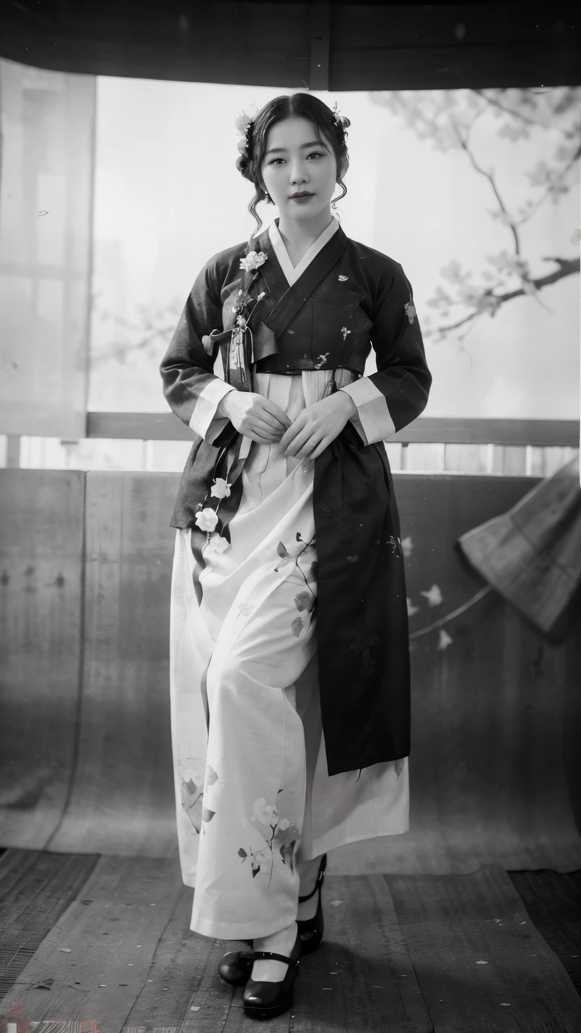 (best quality, 8K, masterpiece: 1.3), ((((((Incredibly huge breasts: 0.8))))), hairpin, (beautiful face:1.3), plum blossom ink painting background,authentic hanbok, 1920s photo studio, (Feels like a faded photo: 1.4), old photos, smile, (black and white photography: 1.5), 1920s Hanbok style and hairstyle, retro style, red highlight, red jeogori, red lips, well proportioned body