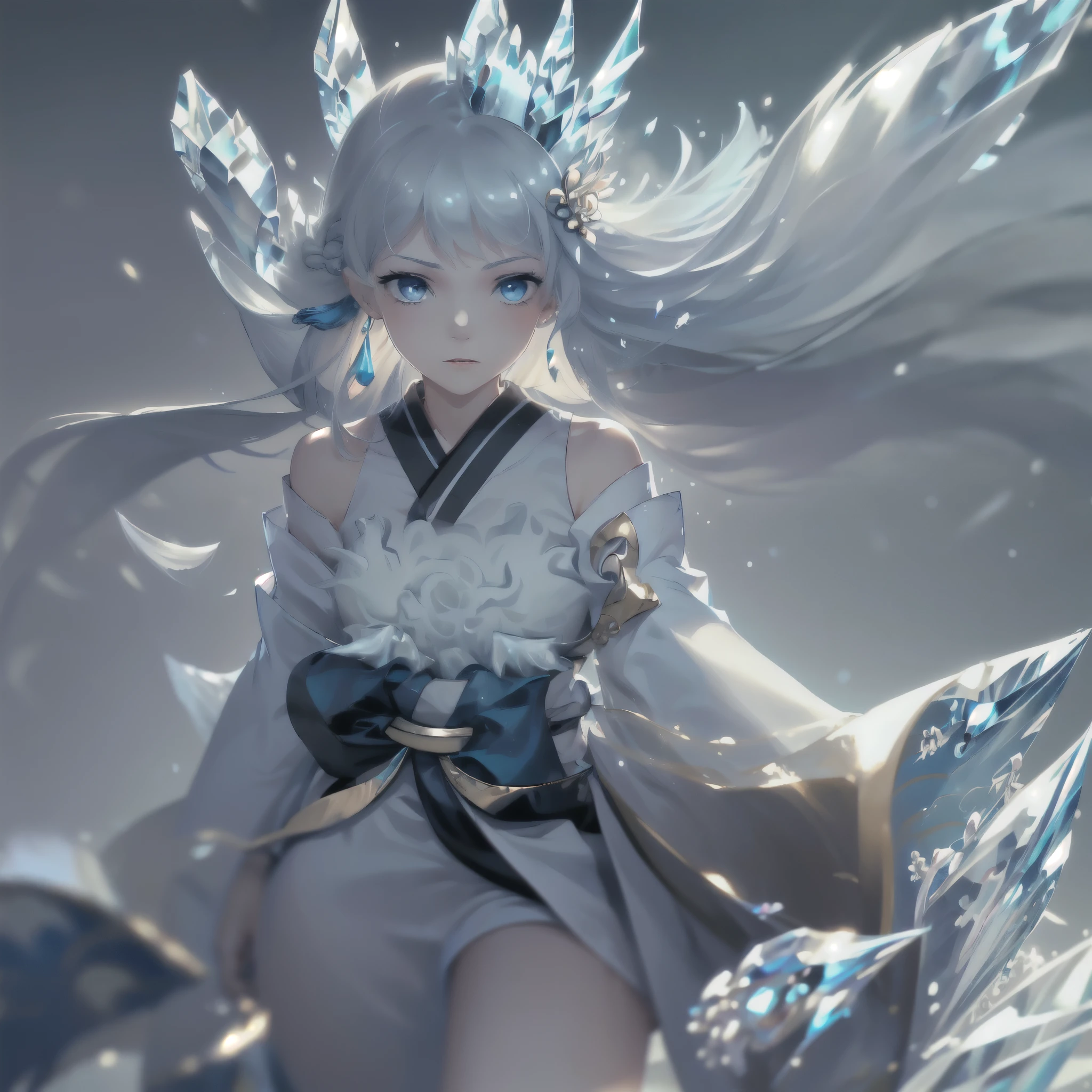 (Masterpiece, Top Quality, Best, Official Art, Beautiful and Aesthetic, Long Exposure: 1.2), Smooth Movement, Charming Patterns, upper body close-up, bare shoulders, portrait, solo, upper body, looking at the observer, detailed background, detailed face, (crystallineAI, crystalline theme:1.1), elemental wind elves, rotation Wind, control the wind, white crystal clothing, dynamic pose, floating particles, ethereal dynamics, whirlwind, vapor, whirlwind in the background, white tone, whirlwind, ethereal atmosphere, 1girl,japanese kimono, bare shoulder, light blue hair, extremely long hair, blue eyes, hair ornament, blue ribbon, blue earring