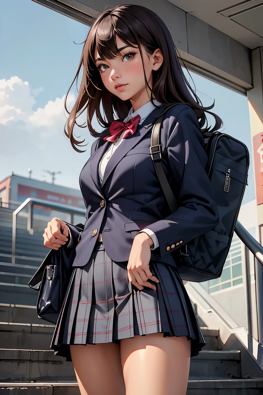 ((highest quality)), ((masterpiece)), (be familiar with),  High school girl riding an escalator on her way home from club activities、brown hair、Navy blazer、Grey plaid skirt、navy blue socks、School bag、Back view、covert photography、Holding the skirt with your hands、(View from directly below)、navy blue socksのクローズアップ、mangaコマ割り、Manga style、manga、Station escalator、(crotch peek:1.4)