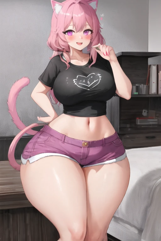 masterpiece, best quality, 1girl, (pink hair, long hair, detailed hair, cat ears, pink eyes:1.3), cute, (horny heart eyes, heavy blushing, excited, extremely horny face:1.1), bedroom, (black hair ribbons, t-shirt, shorts:1.2), (topheavy, gigantic breasts bigger than body, bursting breasts, curvy, slim waist, bottomheavy, thick thighs, wide hips:1.1)