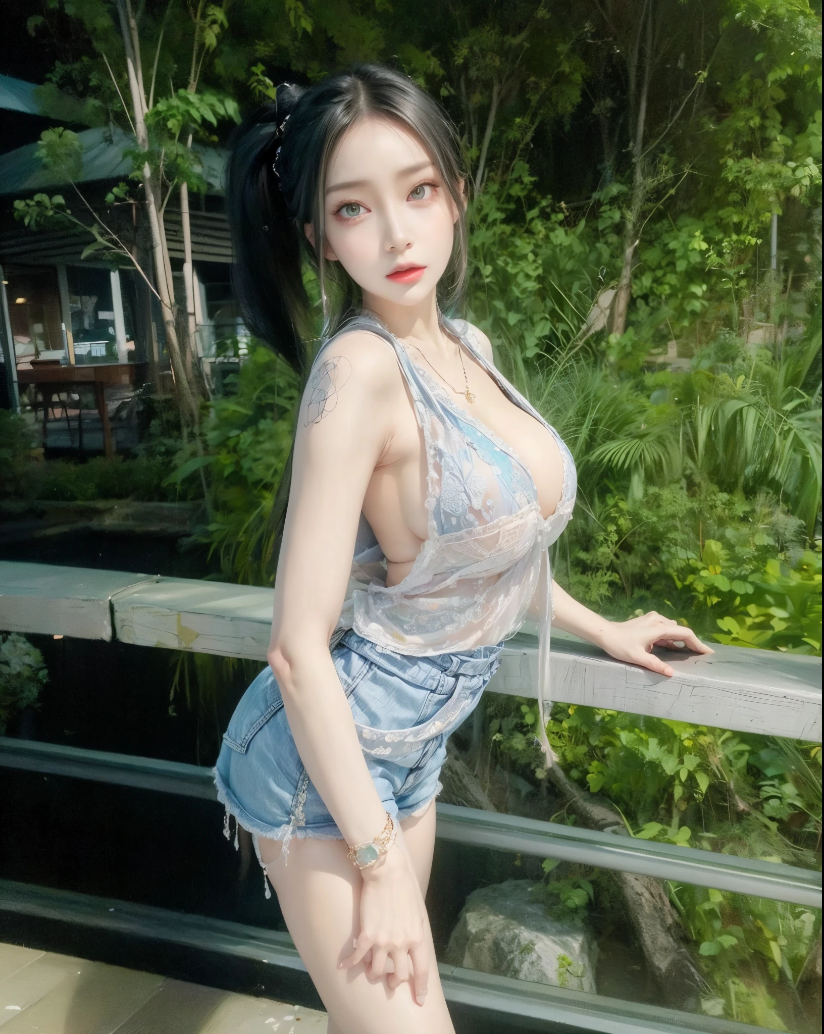 realistic, 1 women, best quality, 12k, HD, ai Allstars shoes, long hair, big round breasts, cleavage, ponytail, necklace, jewelry, shorts, short jacket, slim hips, hair tie, yellow eyes, black hair, super detailed, Eye details, hair details, person details, mouth details, face details, breast details, clothes details, hair details, pants details, hand details, whole body