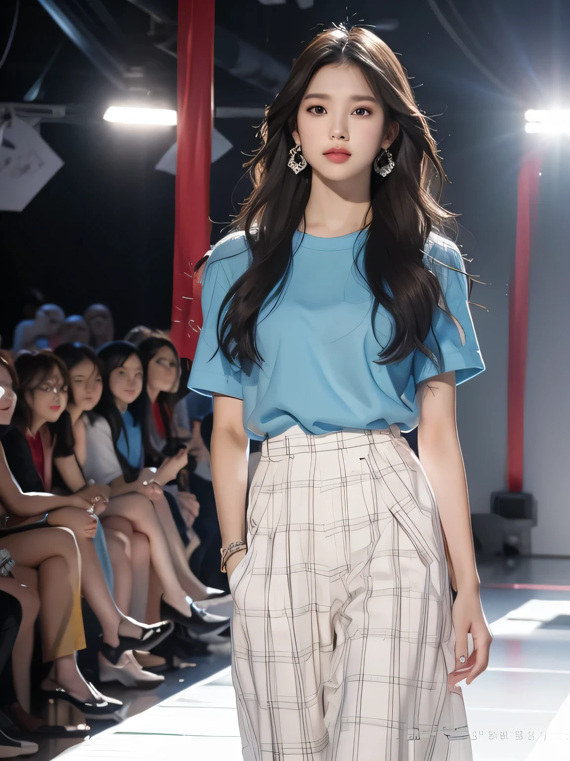 Araffe walks on the catwalk wearing a blue shirt and plaid pants, jinyoung shin, Bae Suzy, Nam Jae-yeon, Home, Korean female fashion models, Huang Shishi, sha xi, Lee Ji-eun, Lee Ji-eun, from me, tzuyu from times, Tiffany style, full body xianxia, Blue clothes