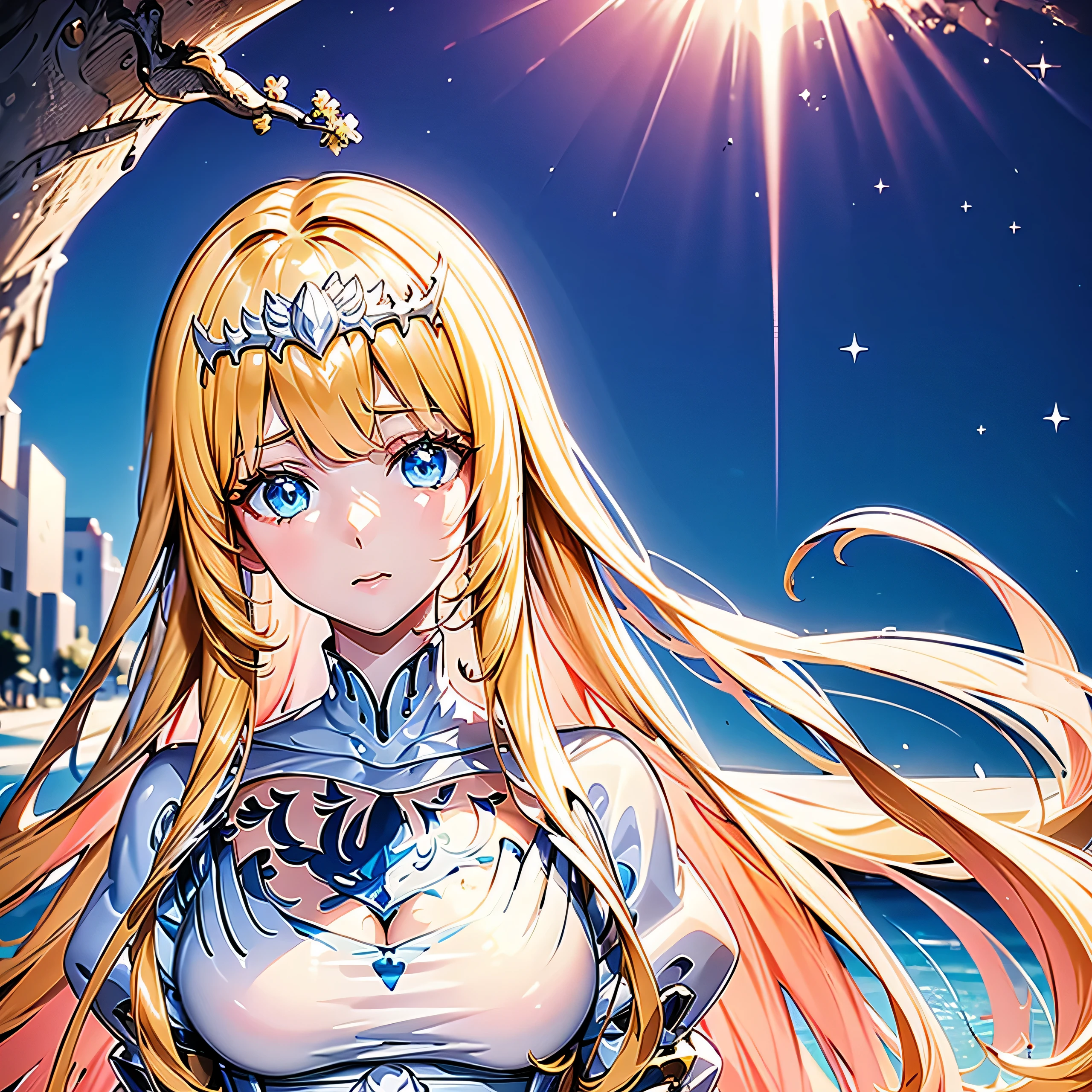 Cover magazine, anime, model, beautiful, half body potrait, fantasy, 1girl, solo, Calca, Calca Bessarez, blonde hair, extremely long hair, very long hair, white tiara, white dress, blue eyes, medium chest