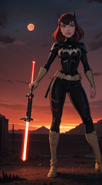 Beautiful female warrior stands with lightsaber in burnt field at night　Turn、Look at me with a sexy smile　　Bright red sky, Big Moon　Smooth black hair　full body Esbian　Looking at the camera, barbara gordon  face