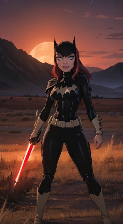 Beautiful female warrior stands with lightsaber in burnt field at night　Turn、Look at me with a sexy smile　　Bright red sky, Big Moon　Smooth black hair　full body Esbian　Looking at the camera, barbara gordon  face