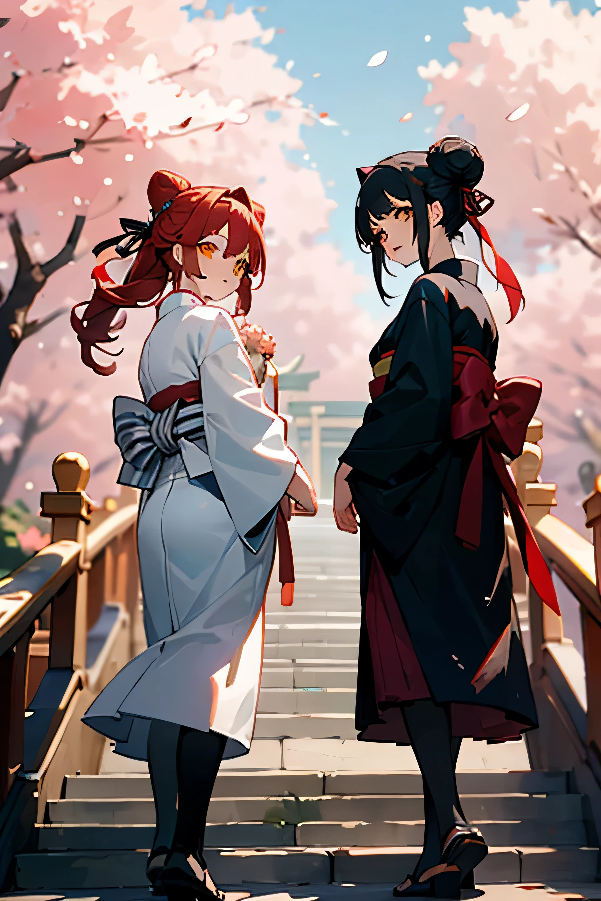 ((masterpiece,best quality)),2girls, black kimono, black legwear, black ribbon, black hair, cherry blossoms, day, flower, hair bun, hair ribbon, japanese clothes, kimono, long hair, looking at viewer, looking back, multiple girls, obi, outdoors, red eyes, red hair, ribbon, sandals, single hair bun, stairs, standing, statue, torii, tree, white kimono, yellow eyes