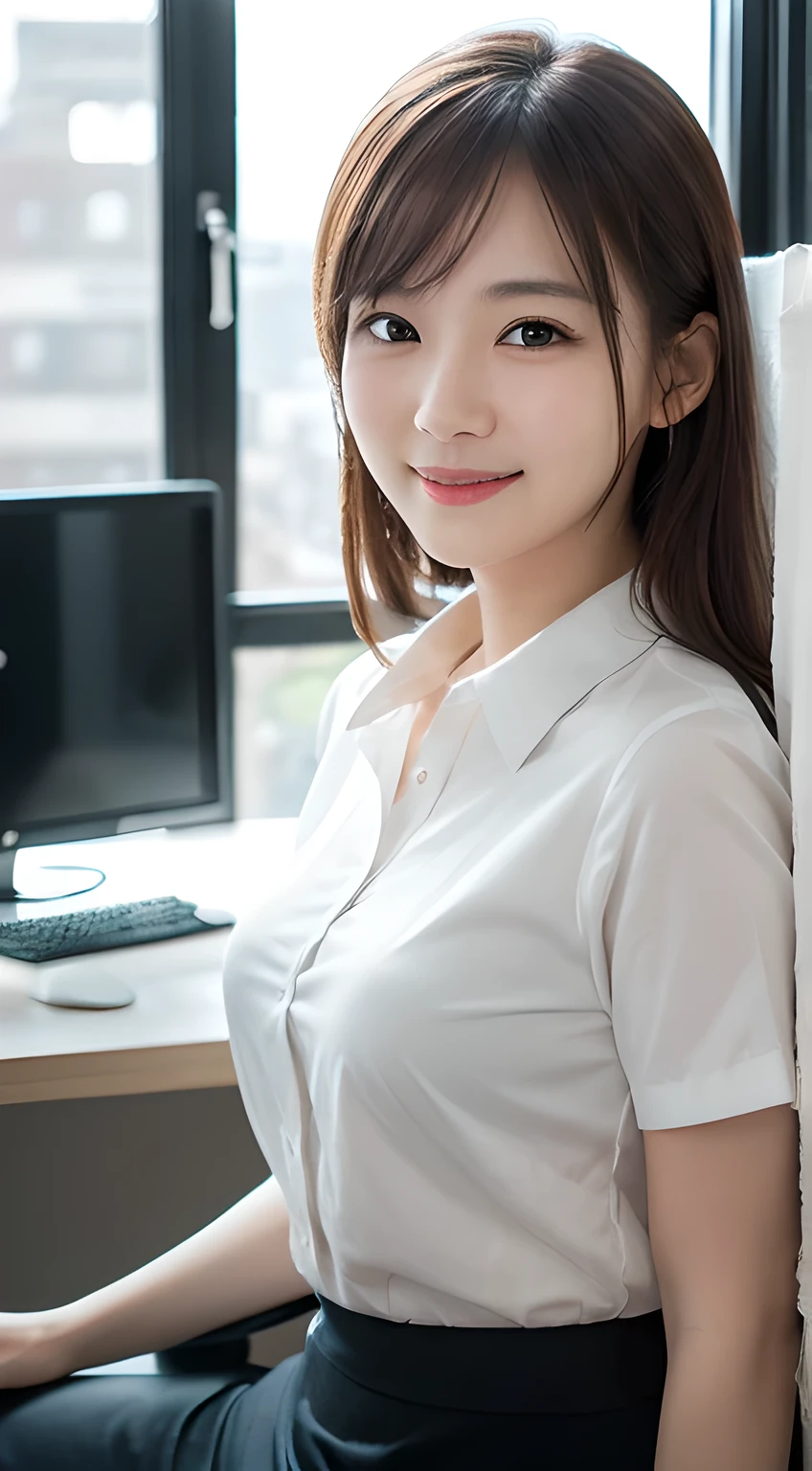 (Masterpiece, BestQuality:1.3), (ultra detailed 8k:1.2), (hyper realistic:1.35),(RAW photo:1.2),High detail RAW color photo, professional photograph, (Photorealistic:1.45), (realistic:1.4),
BREAK
1 beautiful girl, japanese Business woman,(Dynamic Pose: 1.2),(bewitching smile:1.3), (super beautiful woman:1.3), beautiful skin, detailed black eyes, detailed face, white shirt with collars, waist up, upper body,18 yo,office lady, BREAK at office floor, profesional lighting,PC desk