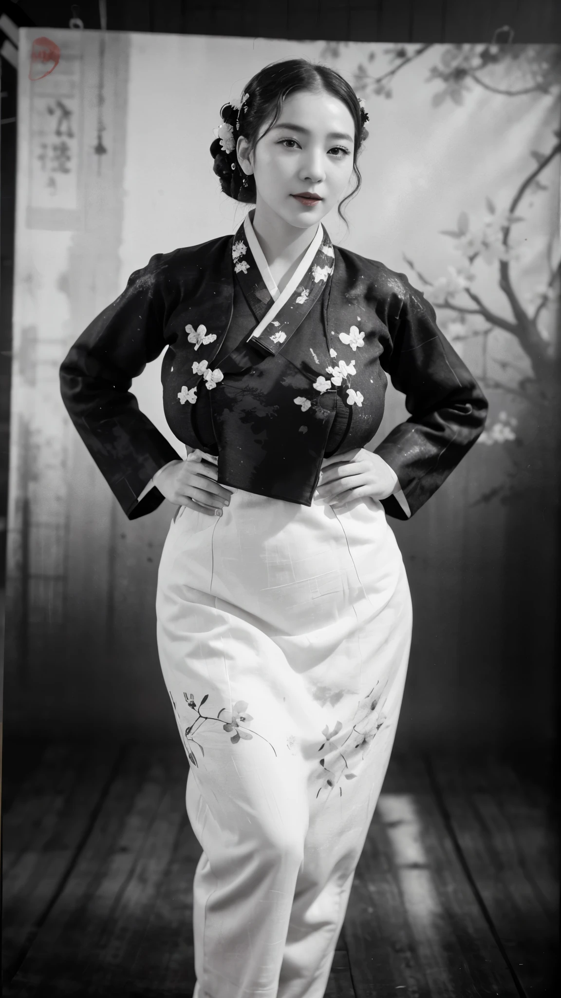 (best quality, 8K, masterpiece: 1.3), ((((((Incredibly huge breasts: 0.8))))), hairpin, (beautiful face:1.3), plum blossom ink painting background,authentic hanbok, 1920s photo studio, (Feels like a faded photo: 1.4), old photos, smile, (black and white photography: 1.5), 1920s Hanbok style and hairstyle, retro style, red highlight, red jeogori, red lips, well proportioned body