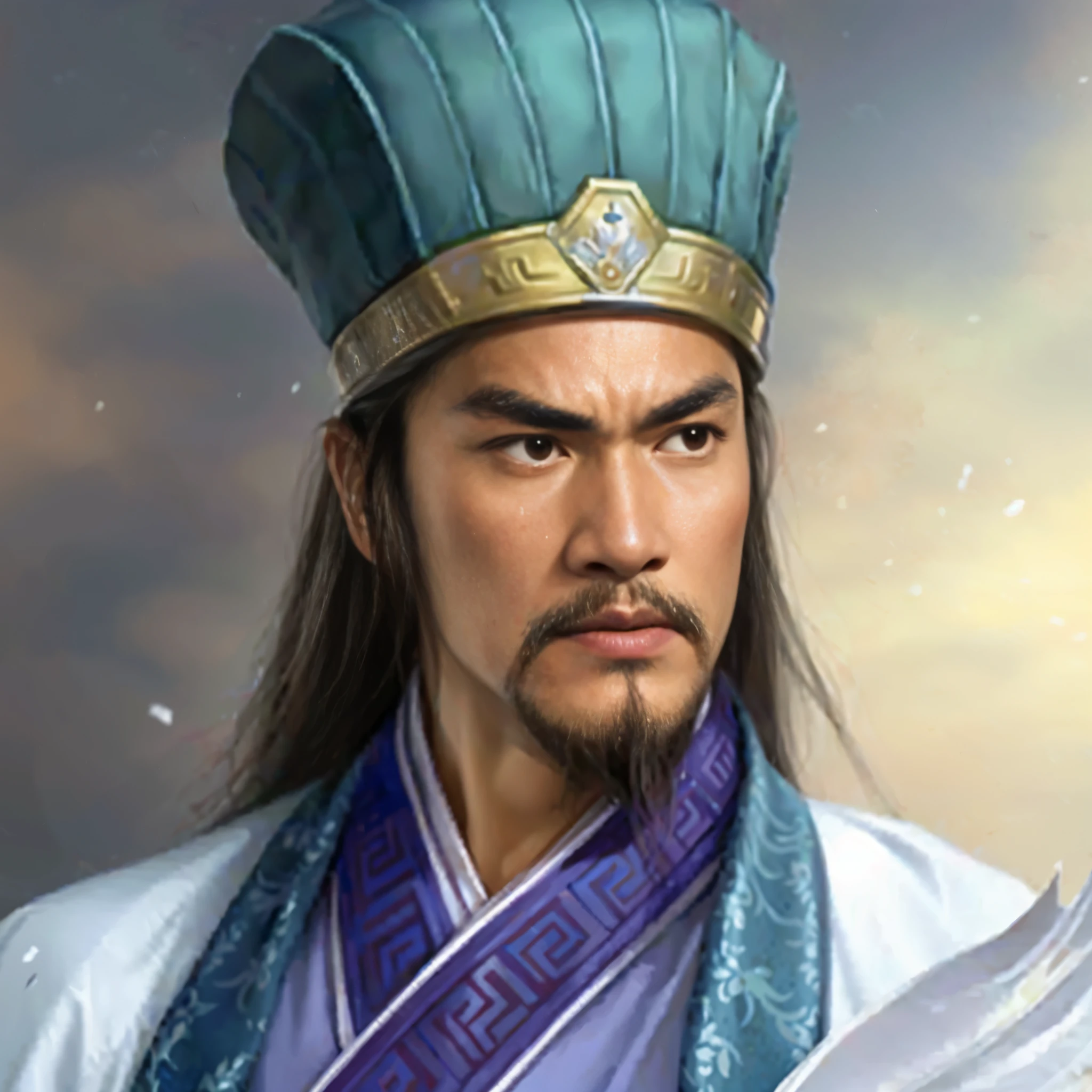 A painting，There is a man in the painting wearing a blue hat、Man in white robe, zhao yun, bian lian, Inspired by Hu Zaobin, Inspired by Zhao Yuan, Inspired by Li Kan, inspired by Cao Zhibai, Inspired by Dong Yuan, Inspired by Wu Bin, Inspired by Huang Shen, hua cheng, inspired by Wu Zuoren, feng shu