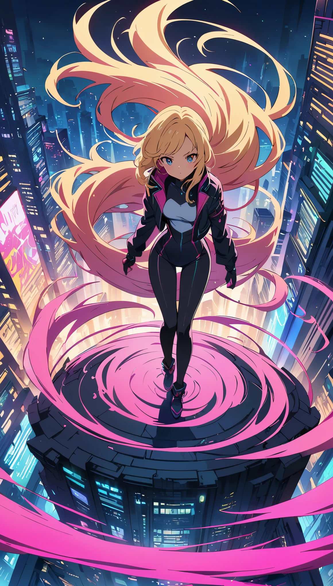 (masterpiece, highest quality:1.2), (Anime artwork, Anime Style, Studio Anime, Very detailed, up to date, Vibrant, Anime Coloring, High Contrast, masterpiece:1.2, Best Quality, Best aesthetics), ((View from the roof of the building:1.2, A woman stands on the rooftop, overlook, A view that will make your legs tremble)), Cyber City, cyber punk, ((デジタルcyber punk - アニメアート)), long flowing hair, Eyes of Determination, Powerful strokes, Excited state, Detailed Weapons, strength, Impact, energy, Cool action scenes,
