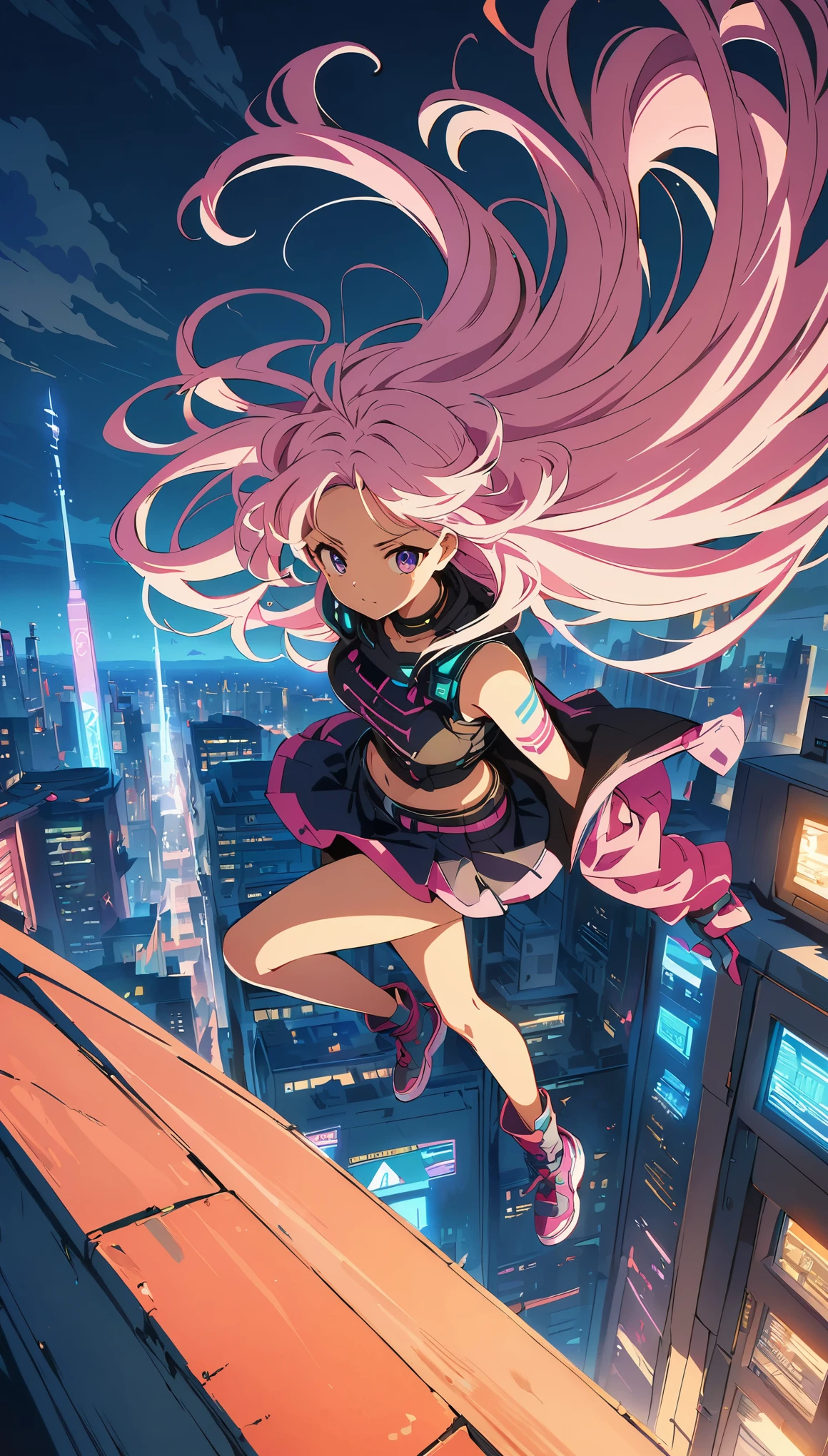 (masterpiece, highest quality:1.2), (Anime artwork, Anime Style, Studio Anime, Very detailed, up to date, Vibrant, Anime Coloring, High Contrast, masterpiece:1.2, Best Quality, Best aesthetics), ((View from the roof of the building:1.2, A woman stands on the rooftop, overlook, A view that will make your legs tremble)), Cyber City, cyber punk, ((デジタルcyber punk - アニメアート)), long flowing hair, Eyes of Determination, Powerful strokes, Excited state, Detailed Weapons, strength, Impact, energy, Cool action scenes,
