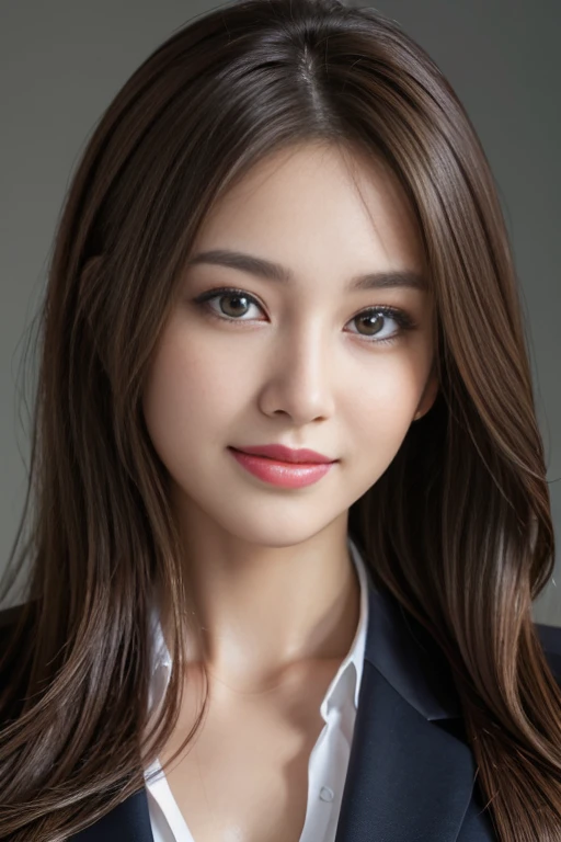 On the table, best quality, Practical, Ultra Detailed, Finely, high resolution, 8k wallpaper, 1 beautiful woman,, Light brown messy hair, Wearing a suit, Sharp focus, Perfect dynamic composition, Beautiful and delicate eyes, Thinning hair, Detailed Practical skin texture, Smile, Close-up portrait, Model figure