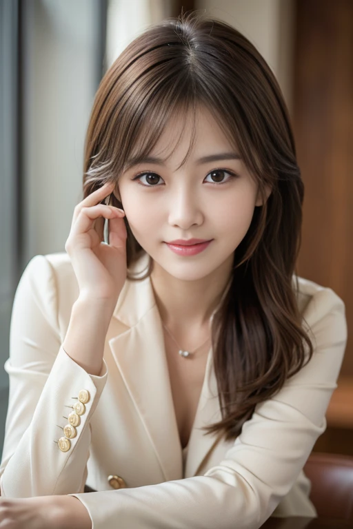 On the table, best quality, Practical, Ultra Detailed, Finely, high resolution, 8k wallpaper, 1 beautiful woman,, Light brown messy hair, Wearing a suit, Sharp focus, Perfect dynamic composition, Beautiful and delicate eyes, Thinning hair, Detailed Practical skin texture, Smile, Close-up portrait, Model figure