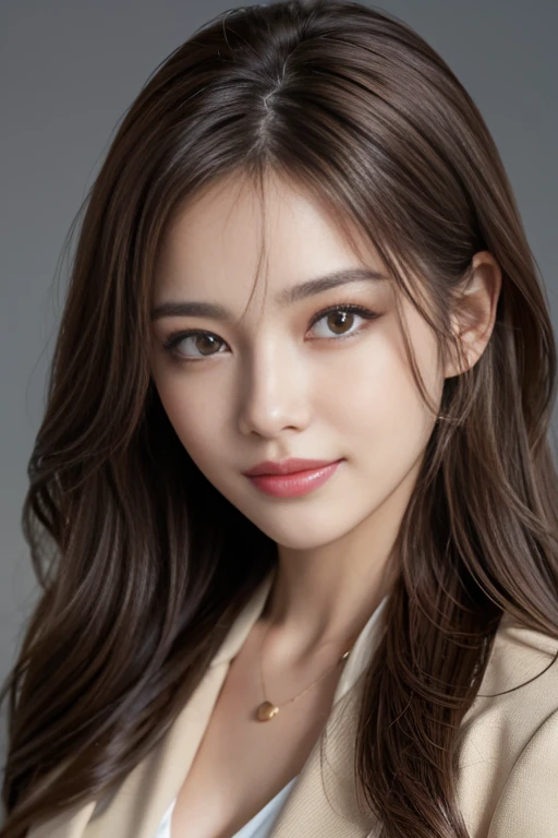 On the table, best quality, Practical, Ultra Detailed, Finely, high resolution, 8k wallpaper, 1 beautiful woman,, Light brown messy hair, Wearing a suit, Sharp focus, Perfect dynamic composition, Beautiful and delicate eyes, Thinning hair, Detailed Practical skin texture, Smile, Close-up portrait, Model figure