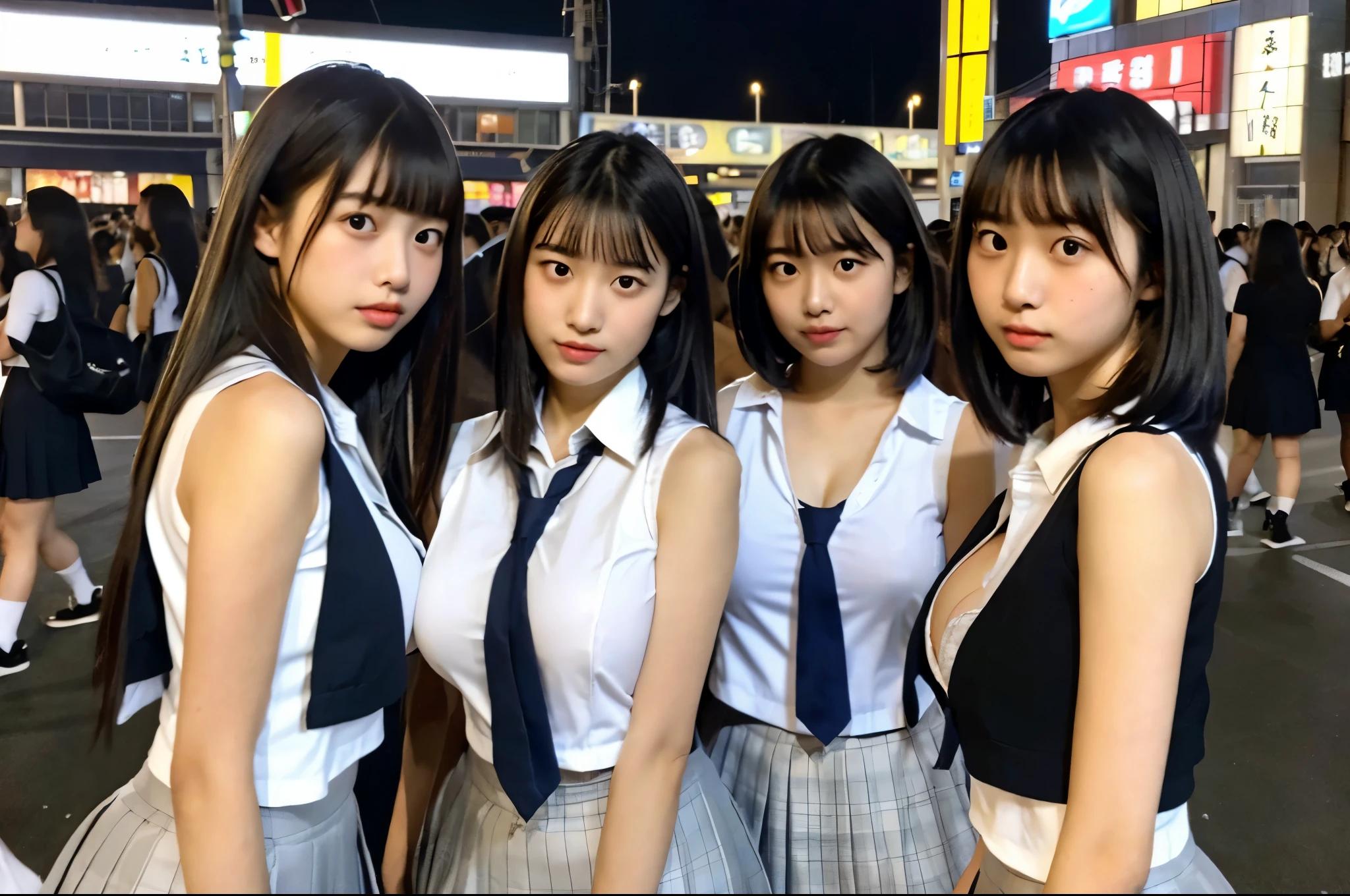 (Uniform without sleeves:1.3) high school girl　White cotton shirt　Big Breasts　Very detailed　super high quality　super high quality　Surreal　photograph　3 Japanese girls　(Each girl has a different hairstyle randomly、different face:1.3) 　Fair skin　16 years old　((Half-open lips:1.3))　beautiful and soft skin　((Beautifully styled straight short hair))  Beautiful and perfect body　very cute　A beautiful and transparent young man々new skin　16 years old　(ノースリーブのシャツを着たhigh school girl) Big Breasts　whole body　everyday city　Busy city　　((night))　Audience&#39;perspective　　Front view　　(Big Breasts:1.3)   (Cleavage)　(Amazingly cute girl:1.3)　　(whole bodyポートレート)　