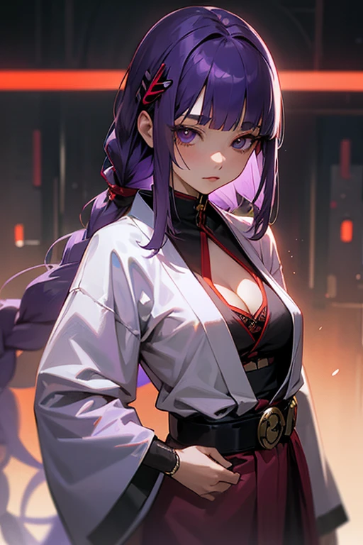 1 girl, Blunt bangs, Braiding, Wide sleeves, hair ornaments, kimono, Red belt, (Purple Hair:1.2), Very long hair, Straight hair, Looking at the audience, Highly detailed background, (Realistic:1.2), Beautiful Eyes, Red eyeshadow, Written boundary depth,thigh, (Ulzzang-6500:0.7), Upper Body, (alone:1.2), (Cyberpunk City:1.1), Cleavage, put your hands on your hips、Shiny skin、Hair blowing in the wind、flower、