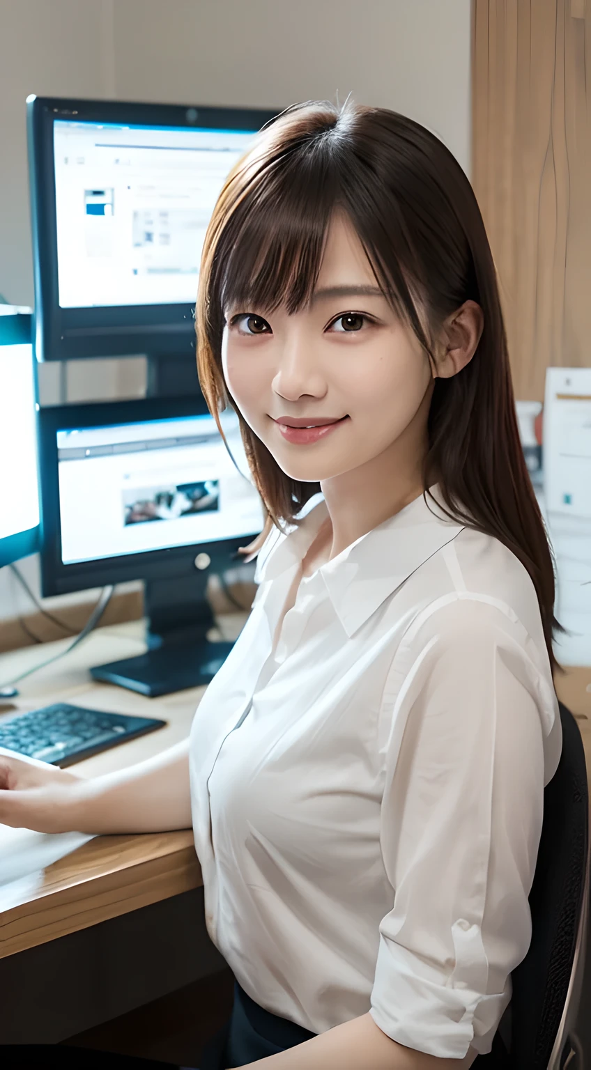 (Masterpiece, BestQuality:1.3), (ultra detailed 8k:1.2), (hyper realistic:1.35),(RAW photo:1.2),High detail RAW color photo, professional photograph, (Photorealistic:1.45), (realistic:1.4), BREAK 1 beautiful girl, japanese Business woman,(Dynamic Pose: 1.2),(bewitching smile:1.3), (super beautiful woman:1.3), beautiful skin, detailed black eyes, detailed face, white shirt with collars, waist up, upper body,18 yo,office lady, BREAK at office floor, profesional lighting,PC desk