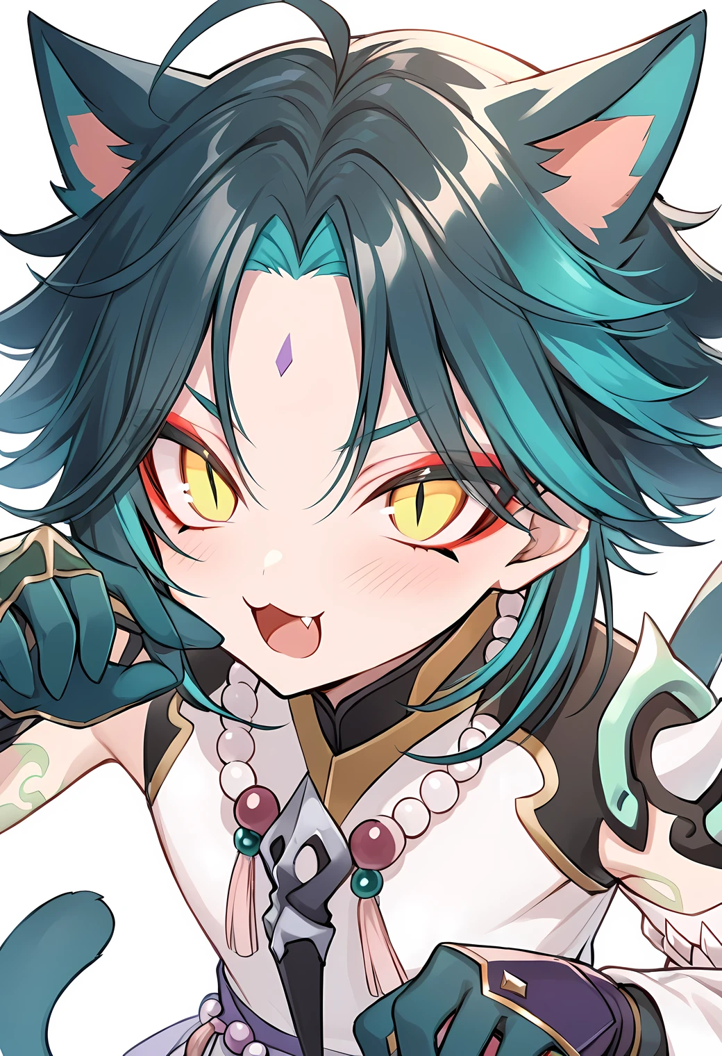 none background, white basic background, cat ear, cat tail, slight blush, craw pose, open mouth, meow mouth, :3, five finger, (\xiao\), 1boy, solo, male focus, jewelry, beads, bead necklace, ahoge, bangs, tassel, makeup, red eyeshadow, slit pupils, eyeshadow, Perfect Hands