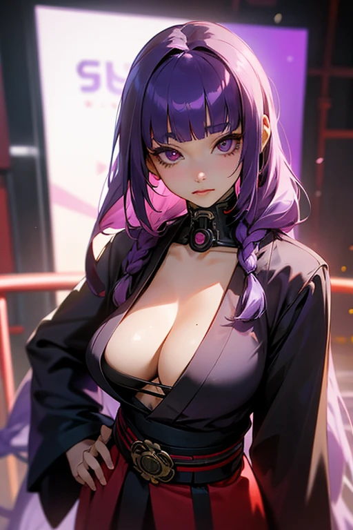 1 girl, Blunt bangs, Braiding, Wide sleeves, hair ornaments, kimono, Red belt, (Purple Hair:1.2), Very long hair, Straight hair, Looking at the audience, Highly detailed background, (Realistic:1.2), Beautiful Eyes, Red eyeshadow, Written boundary depth，thigh, (Ulzzang-6500:0.7), Upper Body, (alone:1.2), (Cyberpunk City:1.1), Cleavage, put your hands on your hips、Shiny skin、Hair blowing in the wind、flower、eyes are purple、