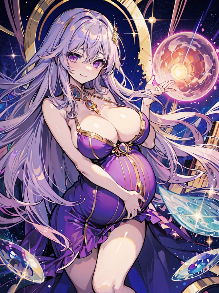 Anime beautiful goddess, Great Harlot Babylon, ultra girl, pregnancy,purplish silver hair,motherhood, prostitute's smile,bukkake,Goddess maternity dress decorated with lapis lazuli and gold,divine power, the sacred light, the pink halo,in Heaven,