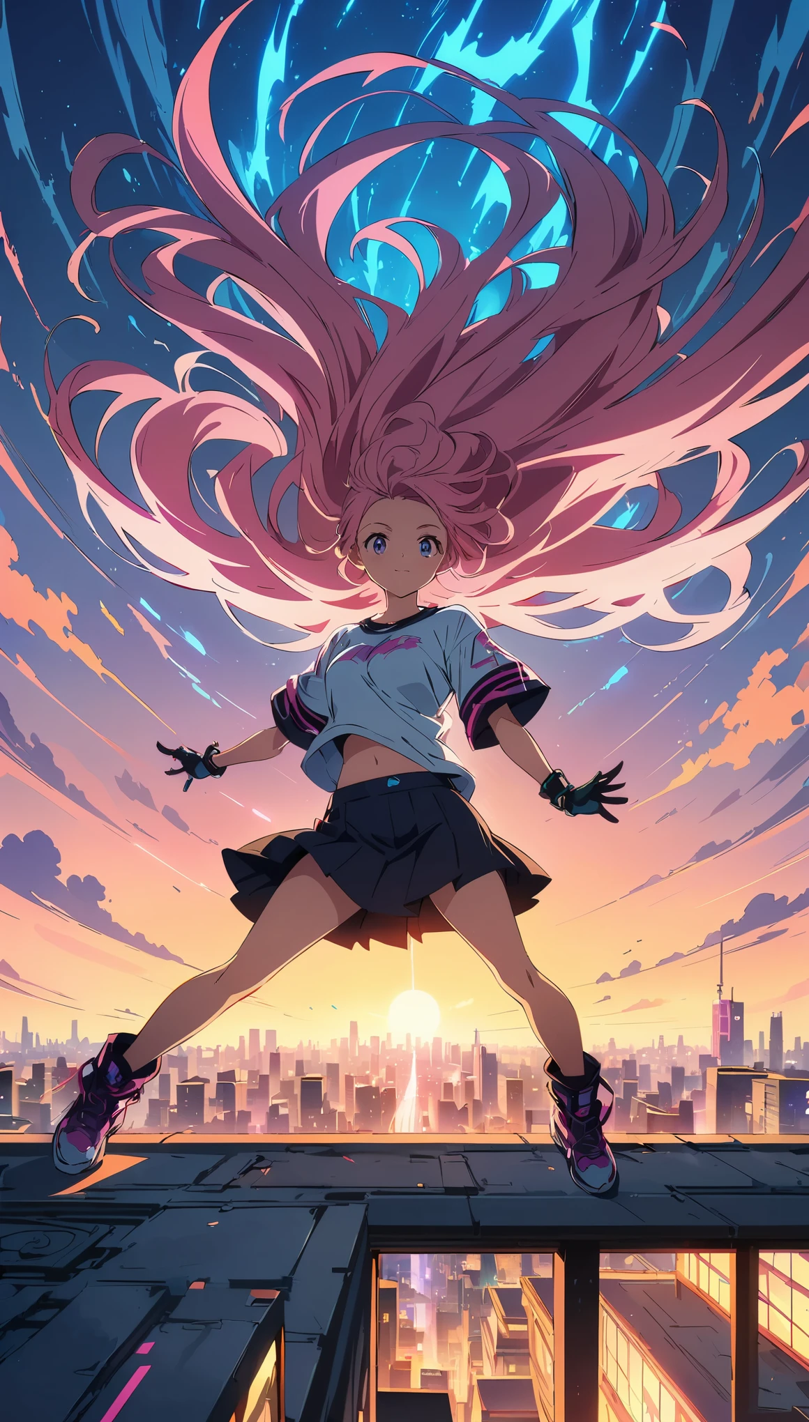 (masterpiece, highest quality:1.2), (Anime artwork, Anime Style, Studio Anime, Very detailed, up to date, Vibrant, Anime Coloring, High Contrast, masterpiece:1.2, Best Quality, Best aesthetics), ((View from the roof of the building:1.2, A woman stands on the rooftop, overlook, A view that will make your legs tremble)), Cyber City, cyber punk, ((デジタルcyber punk - アニメアート)), long flowing hair, Eyes of Determination, Powerful strokes, Excited state, Detailed Weapons, strength, Impact, energy, Cool action scenes,
