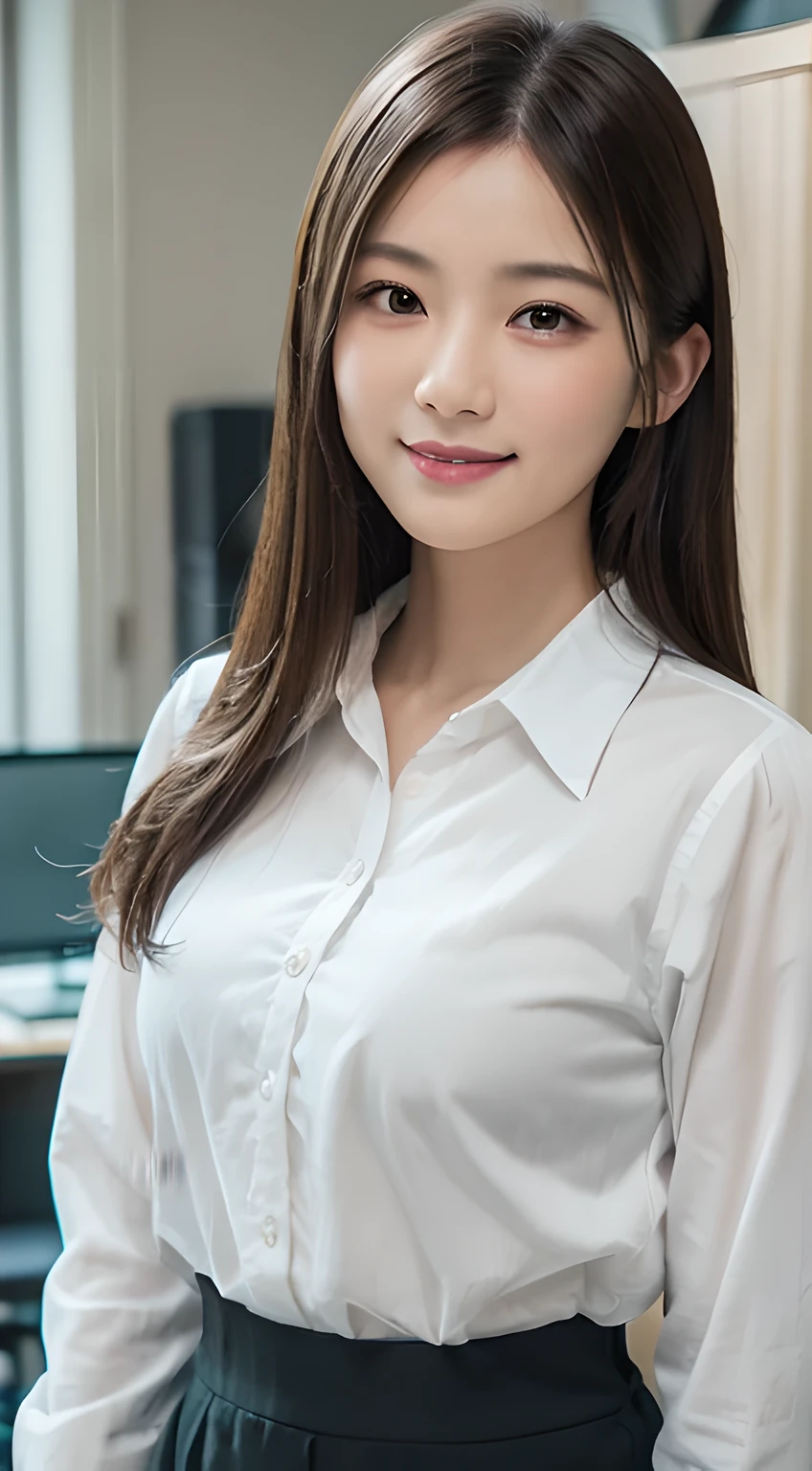 (Masterpiece, BestQuality:1.3), (ultra detailed 8k:1.2), (hyper realistic:1.35),(RAW photo:1.2),High detail RAW color photo, professional photograph, (Photorealistic:1.45), (realistic:1.4), BREAK 1 beautiful girl, japanese Business woman,(Dynamic Pose: 1.2),(bewitching smile:1.3), (super beautiful woman:1.3), beautiful skin, detailed black eyes, detailed face, white shirt with collars, waist up, upper body,18 yo,office lady, BREAK at office floor, profesional lighting,PC desk