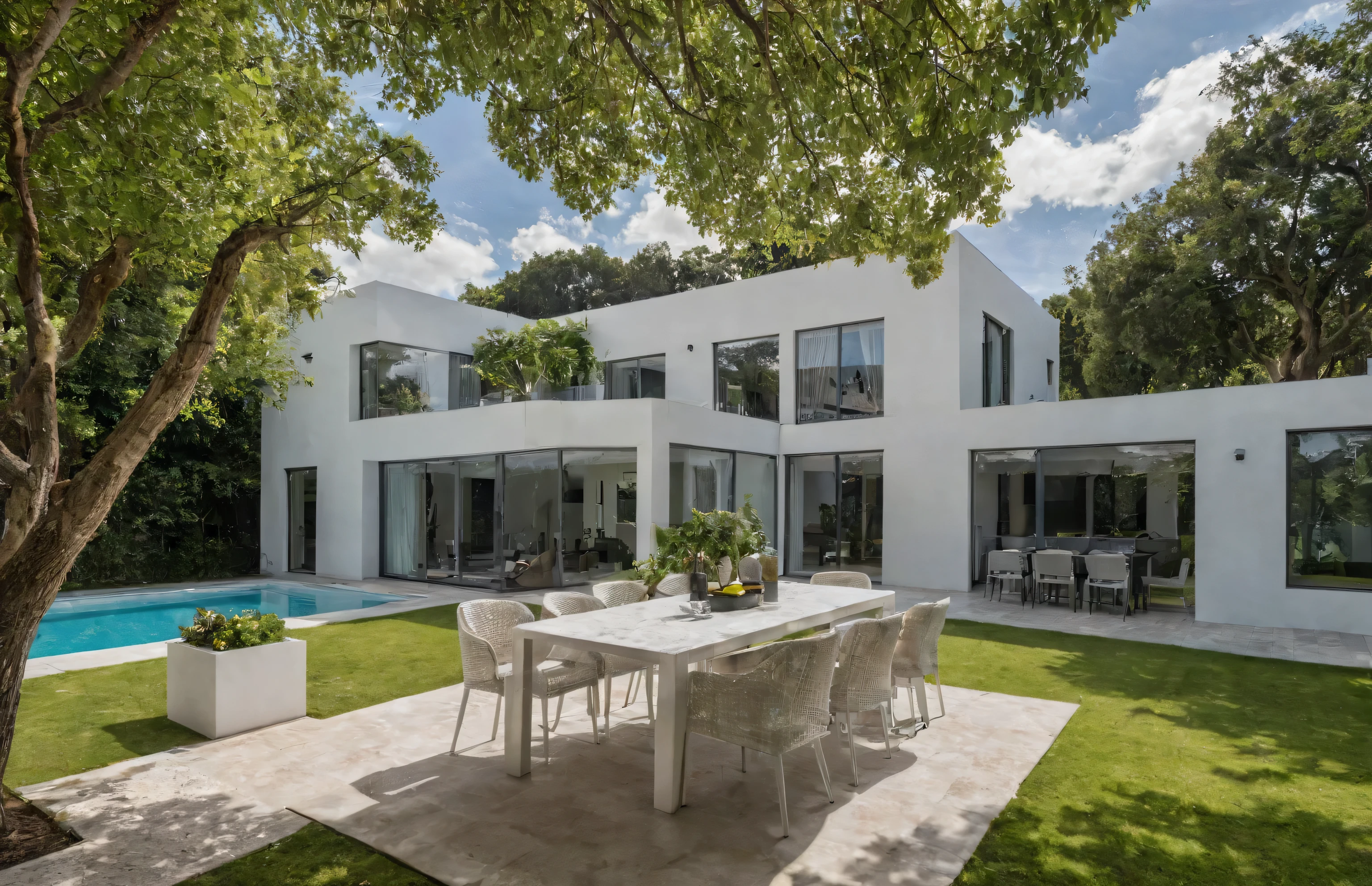 Masterpiece, high quality, best quality, authentic, super detail, outdoors, onestoreyvillaXL, aiaigroup, house style modern in a lush garden , white wall, outdoor dining table, swimming pool, grass, trees, sky, cloud, (daylight:1.1)