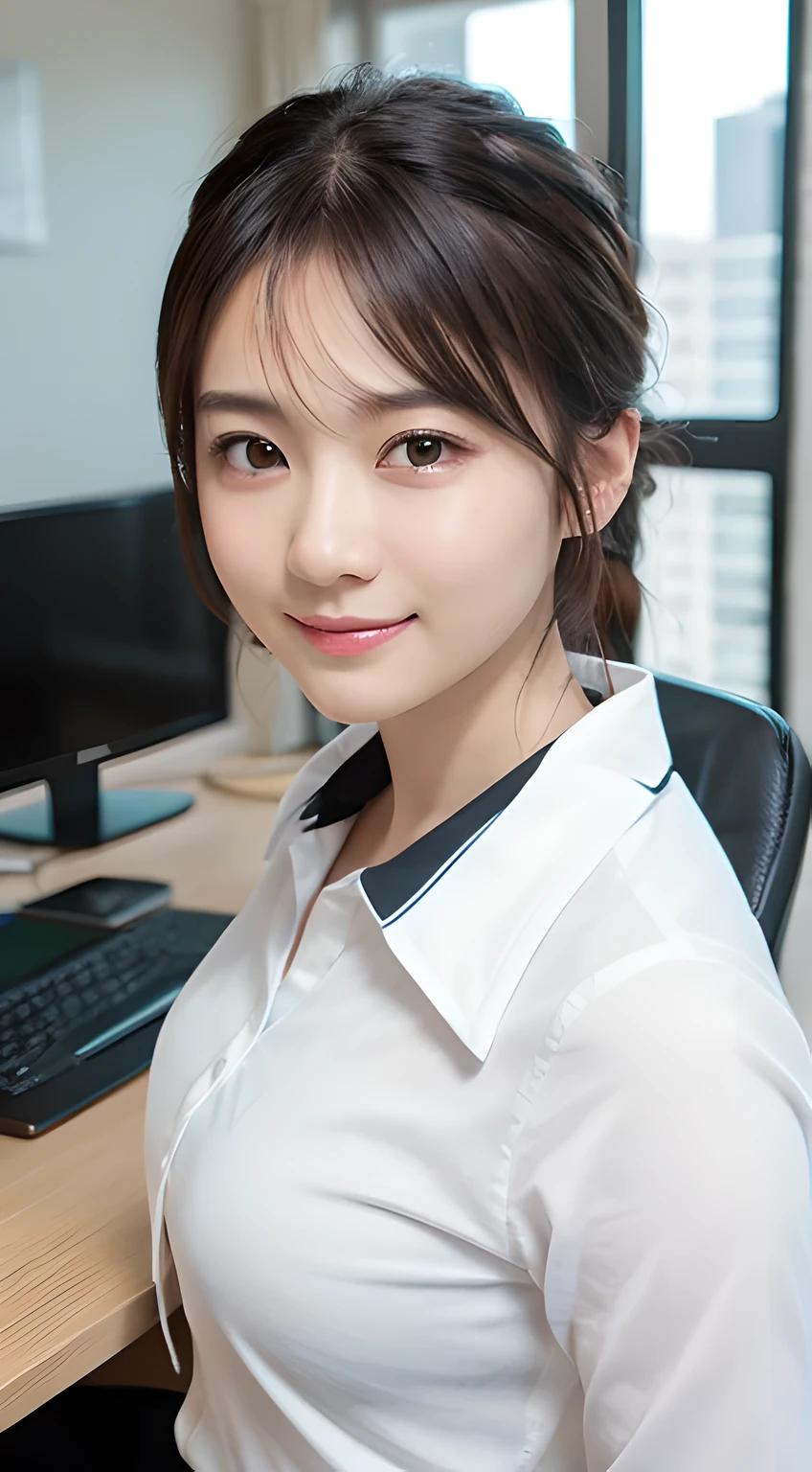 (Masterpiece, BestQuality:1.3), (ultra detailed 8k:1.2), (hyper realistic:1.35),(RAW photo:1.2),High detail RAW color photo, professional photograph, (Photorealistic:1.45), (realistic:1.4), BREAK 1 beautiful girl, japanese Business woman,(Dynamic Pose: 1.2),(bewitching smile:1.3), (super beautiful woman:1.3), beautiful skin, detailed black eyes, detailed face, white shirt with collars, waist up, upper body,18 yo,office lady, BREAK at office floor, profesional lighting,PC desk